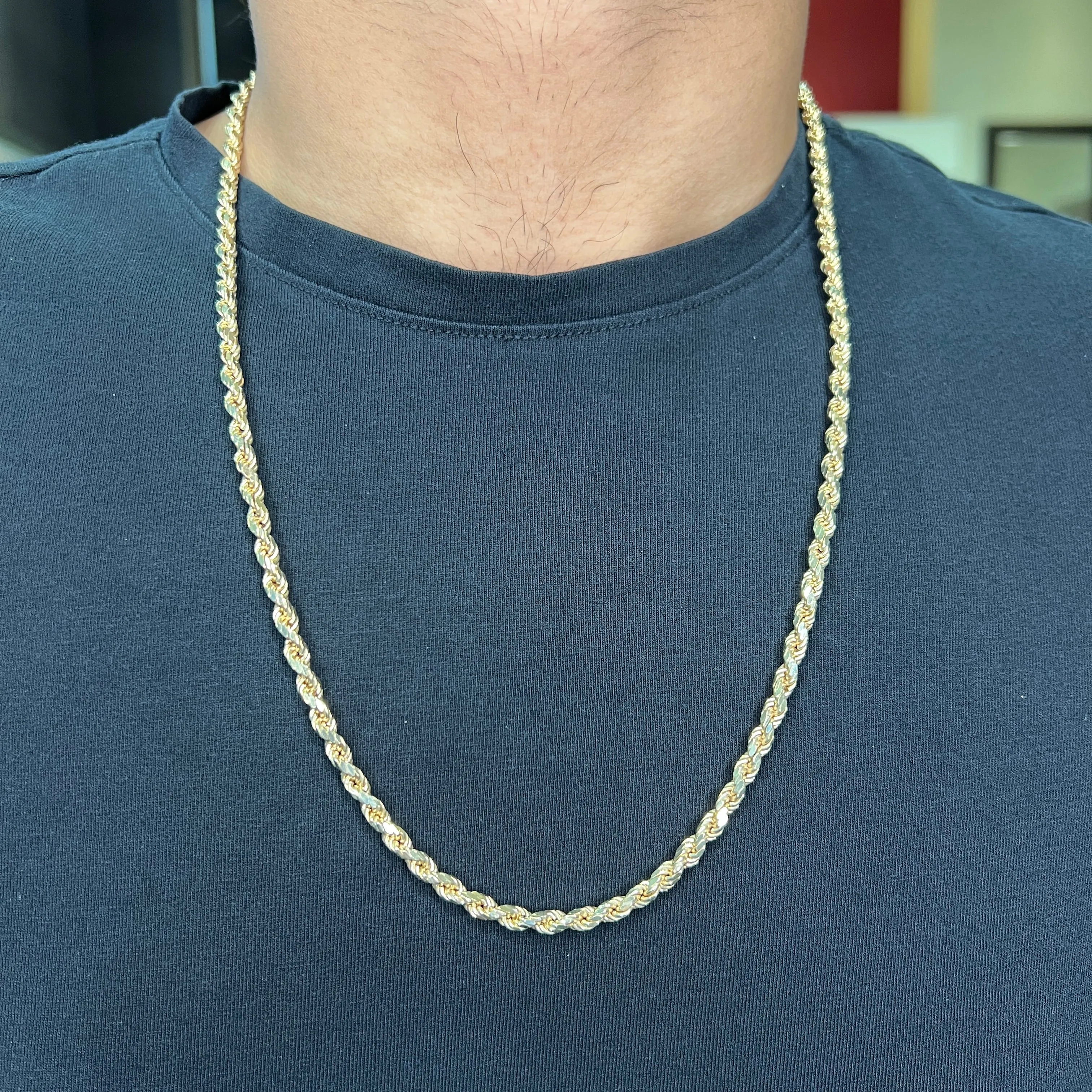 10K Yellow Gold (4mm) Diamond Cut Hollow Rope Chain 24"