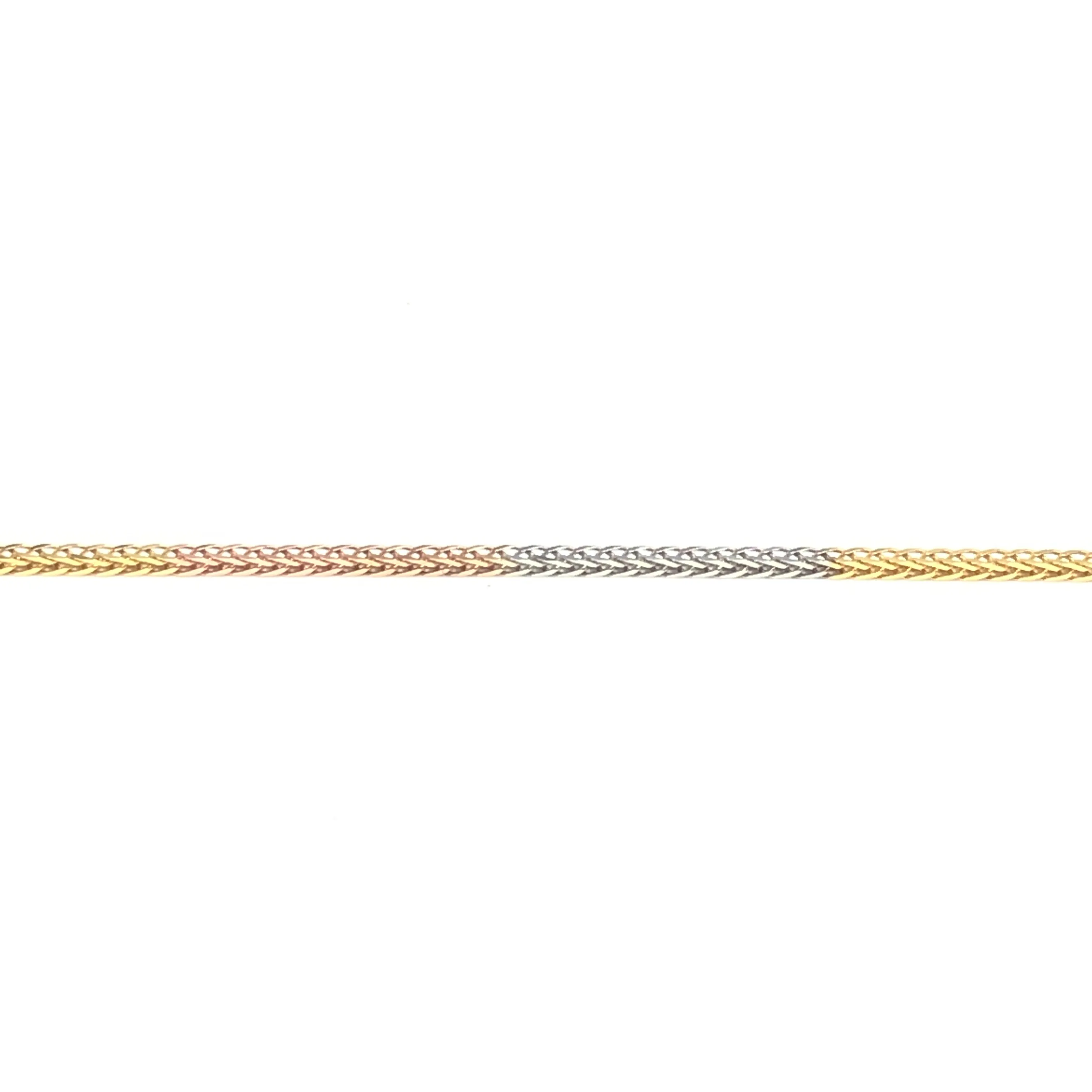 10K Yellow, White and Rose Gold (0.9mm) Wheat Chain 16"