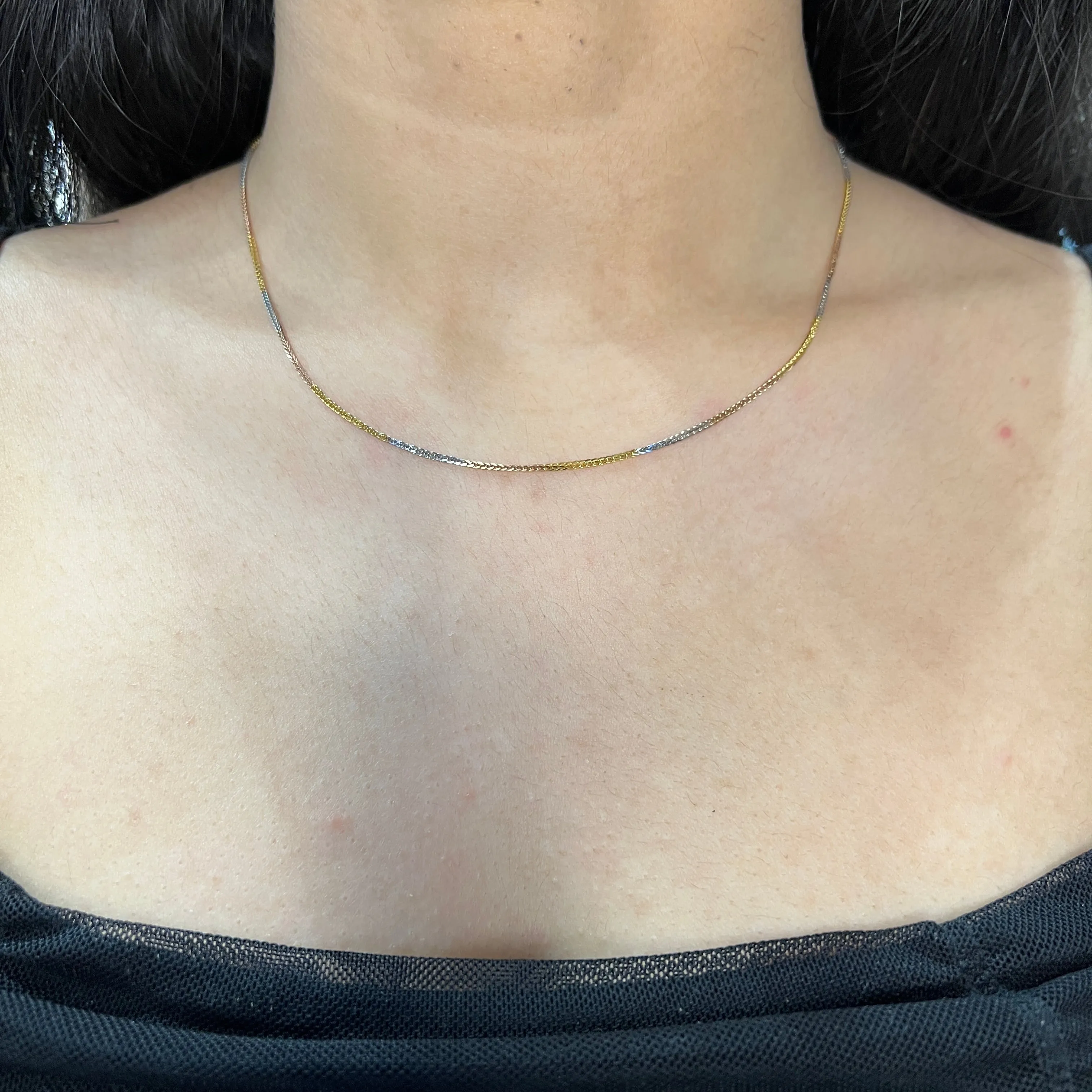 10K Yellow, White and Rose Gold (0.9mm) Wheat Chain 16"