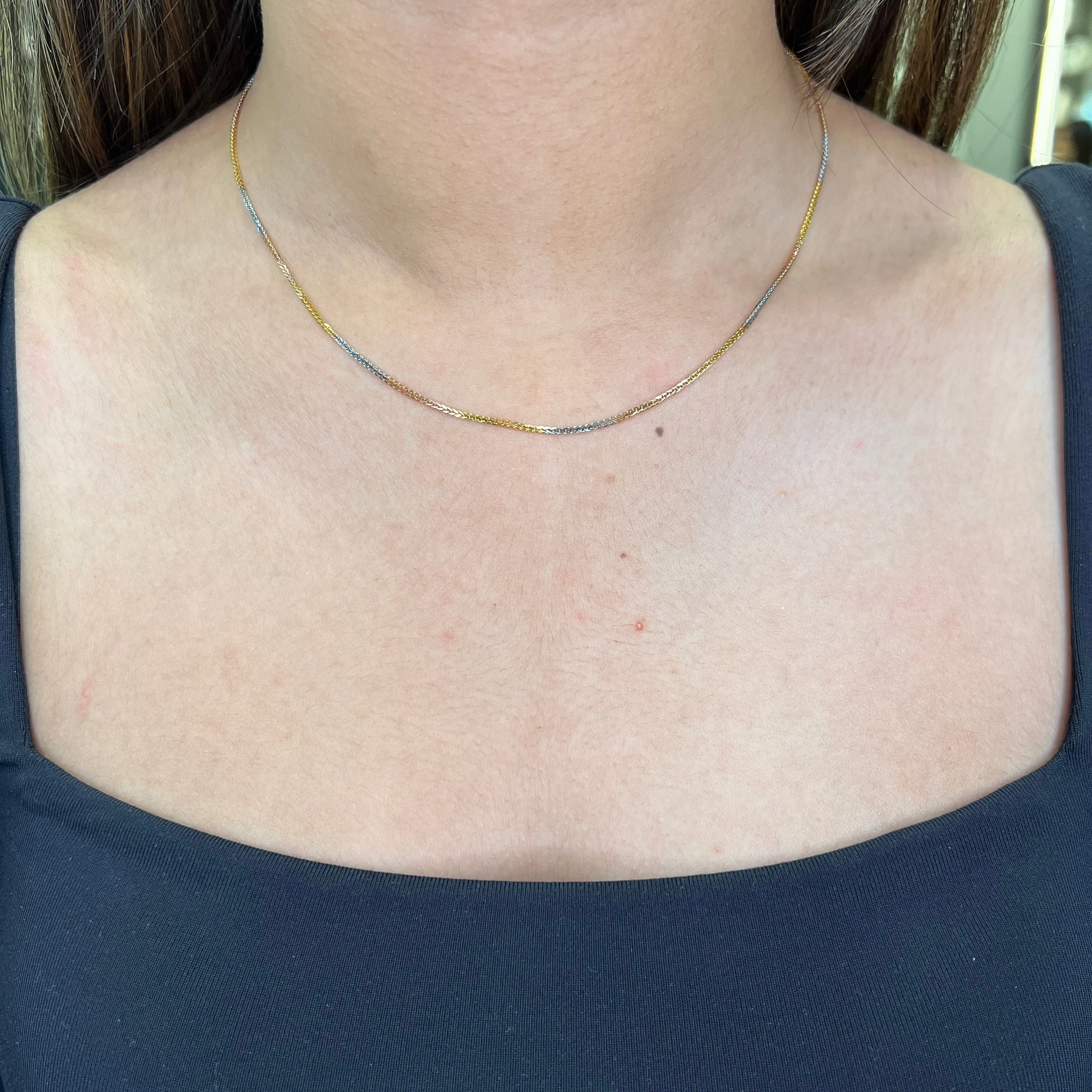 10K Yellow, White and Rose Gold (0.9mm) Wheat Chain 16"