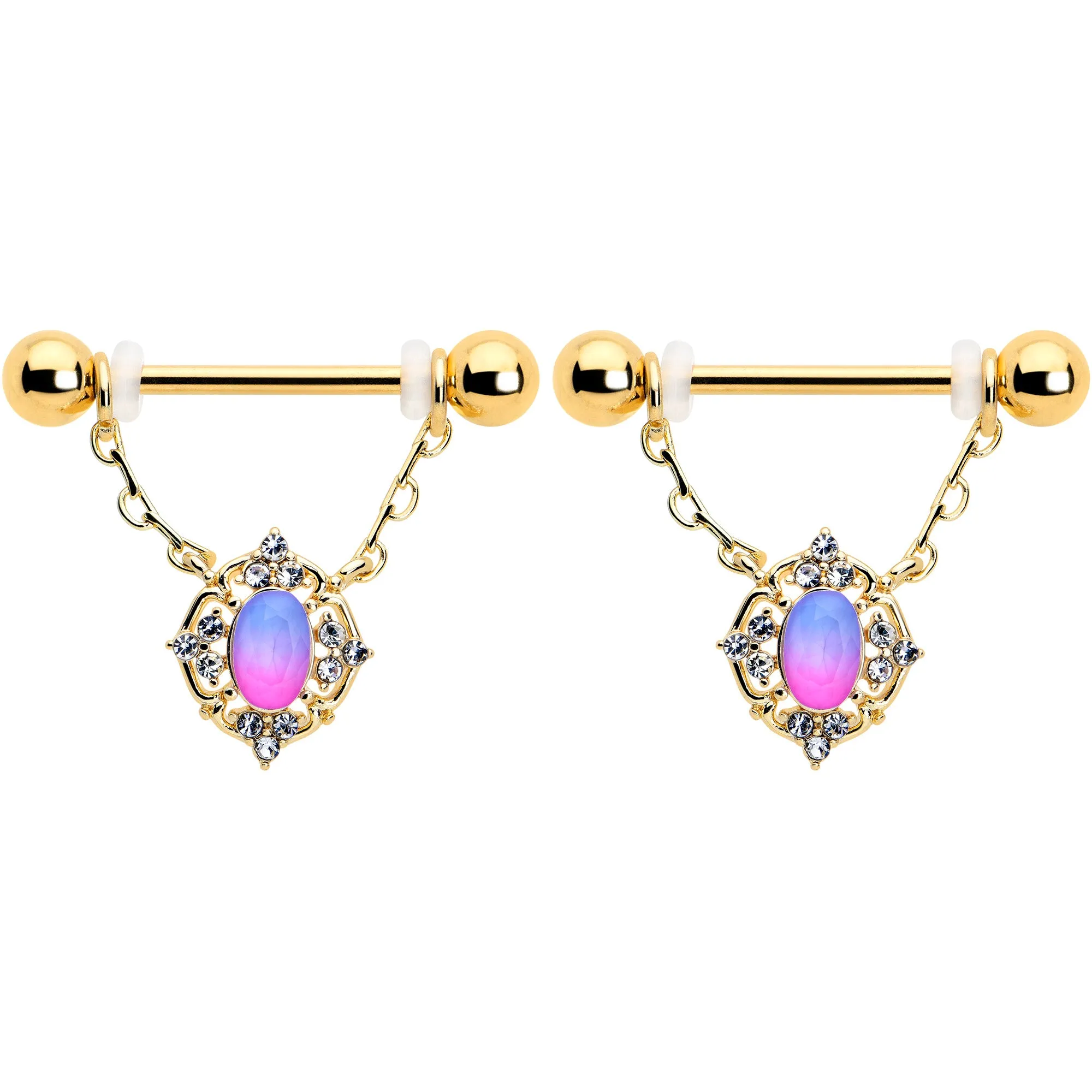 14 Gauge 9/16 Pink Tourmaline Gold Tone Wondrous Dangle Nipple Ring Set