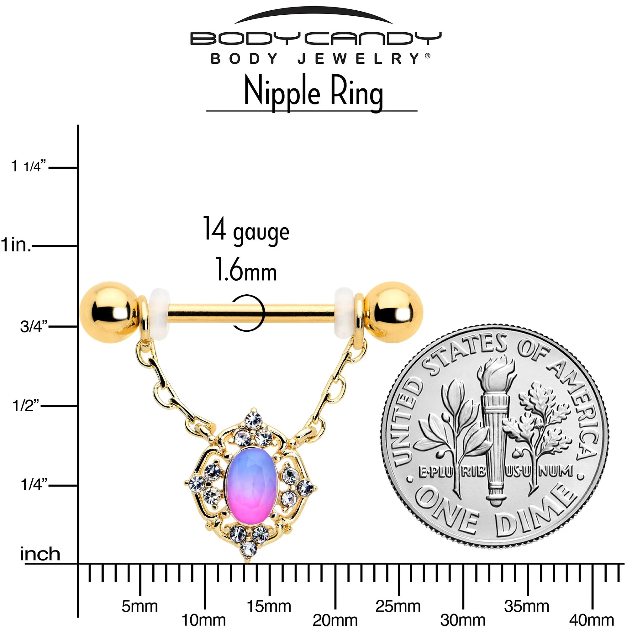 14 Gauge 9/16 Pink Tourmaline Gold Tone Wondrous Dangle Nipple Ring Set