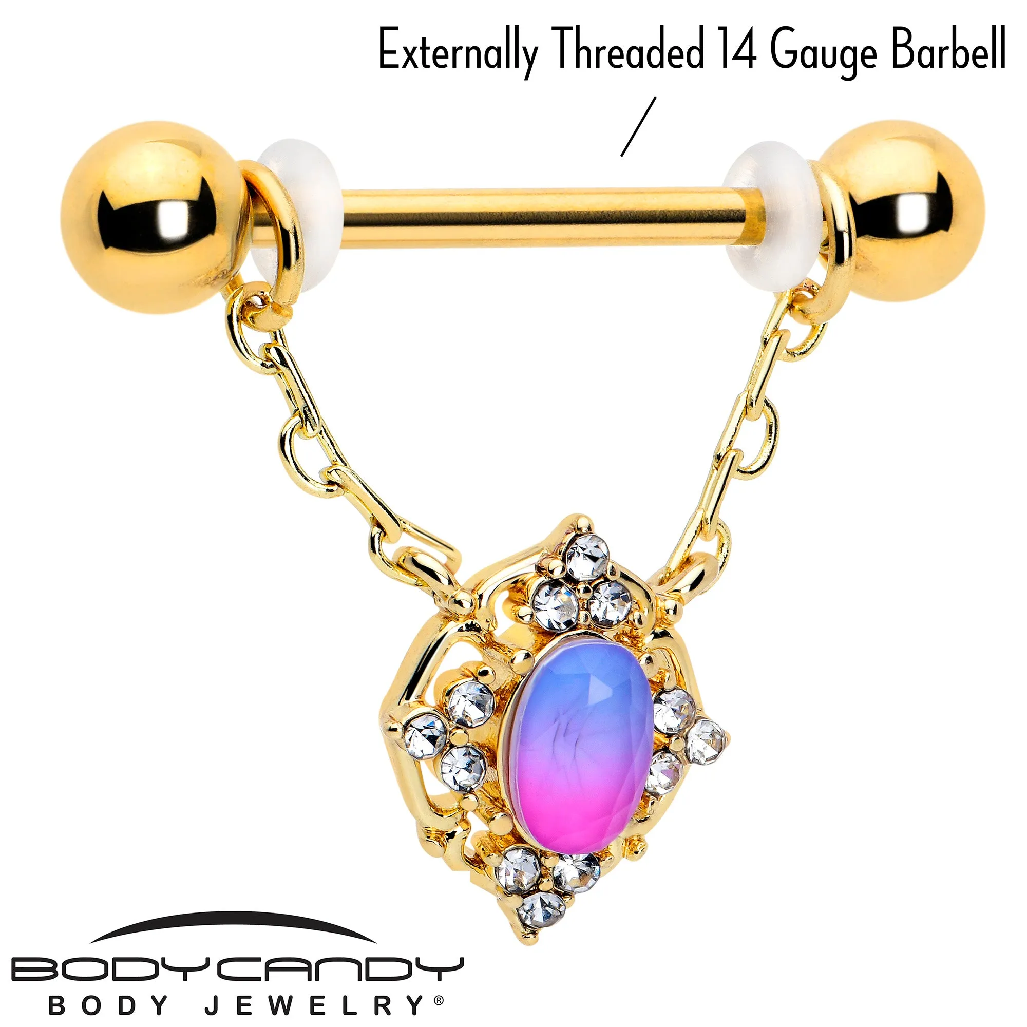 14 Gauge 9/16 Pink Tourmaline Gold Tone Wondrous Dangle Nipple Ring Set