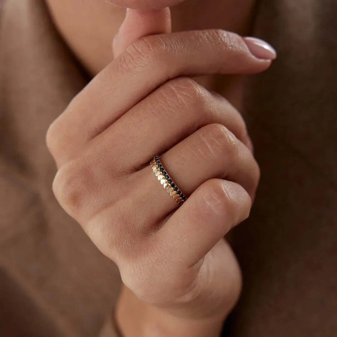 14k Gold Row of Hearts with Black Ring