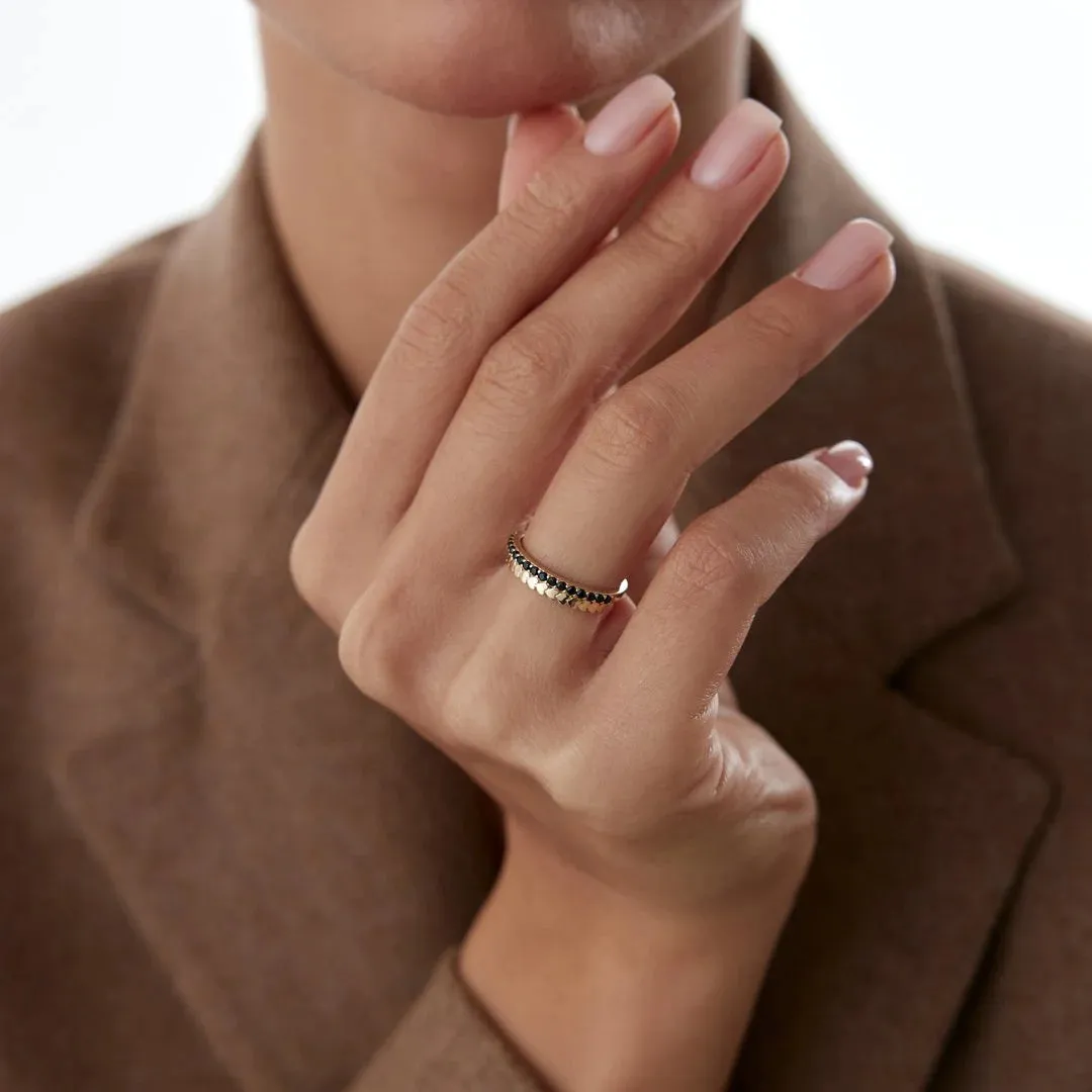 14k Gold Row of Hearts with Black Ring
