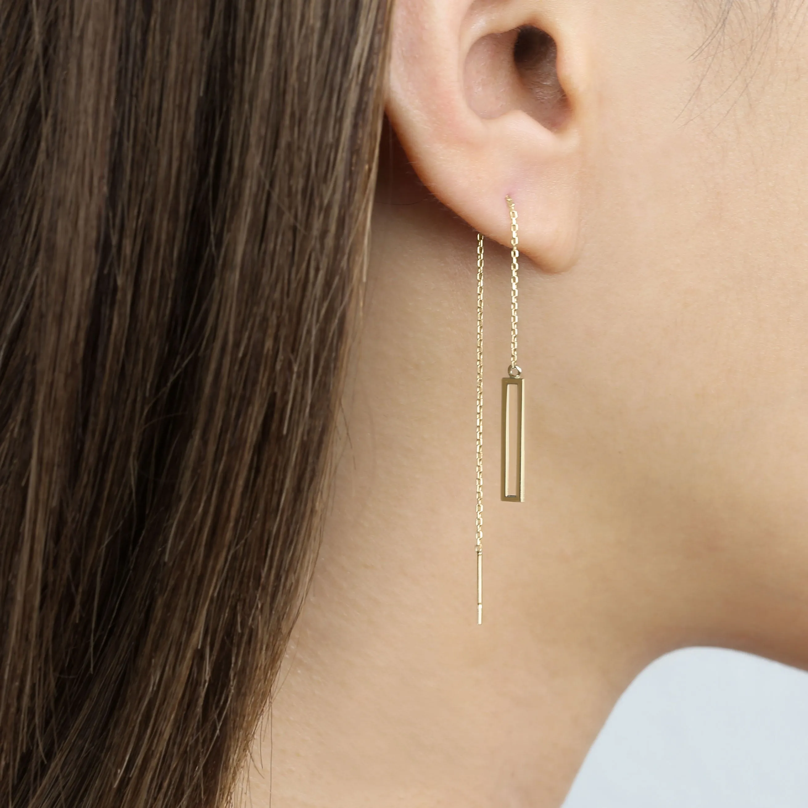 14k Solid Gold Rectangle Long Threader Earring