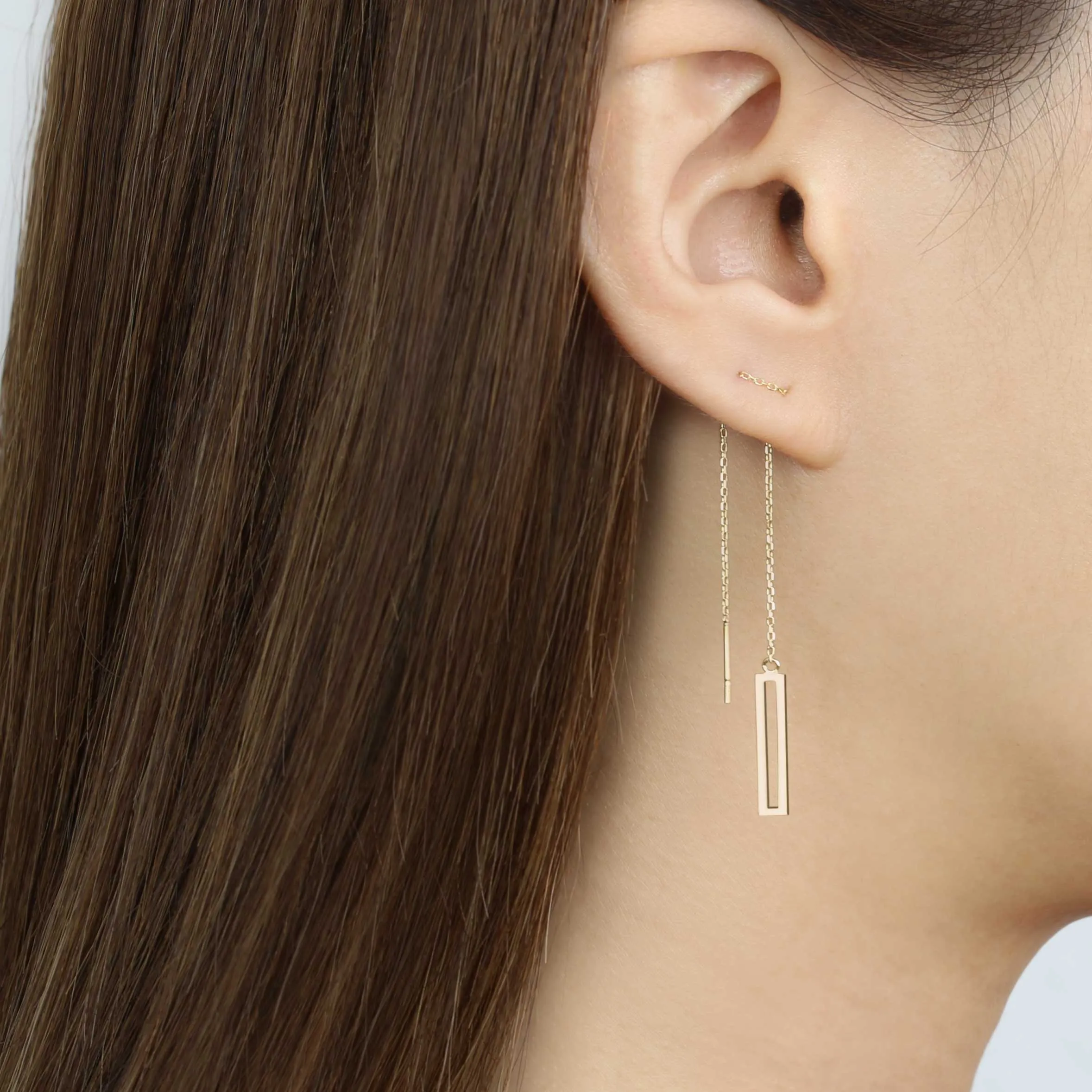 14k Solid Gold Rectangle Long Threader Earring