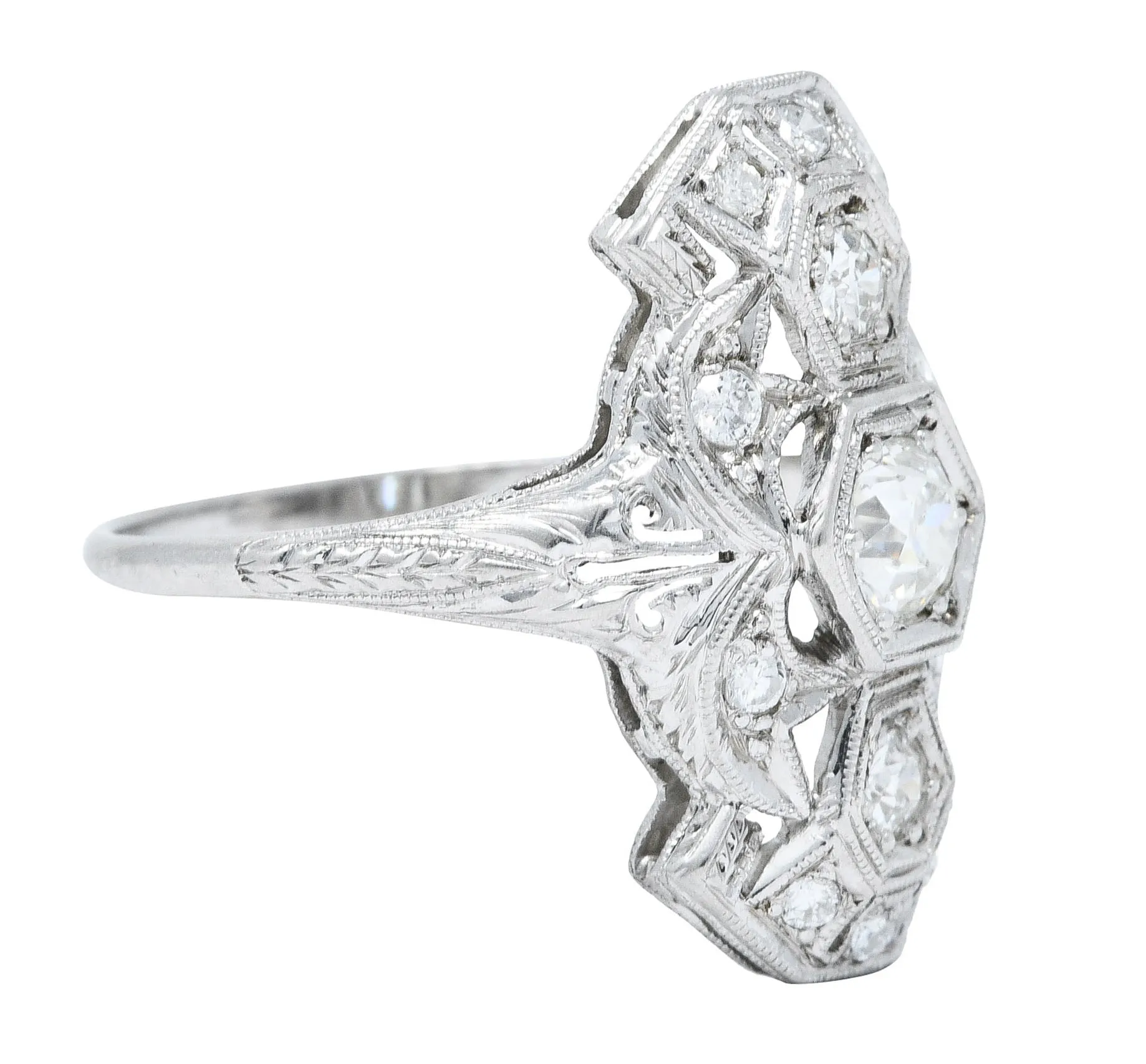 1920's Art Deco 0.85 CTW Diamond Platinum Geometric Dinner Ring