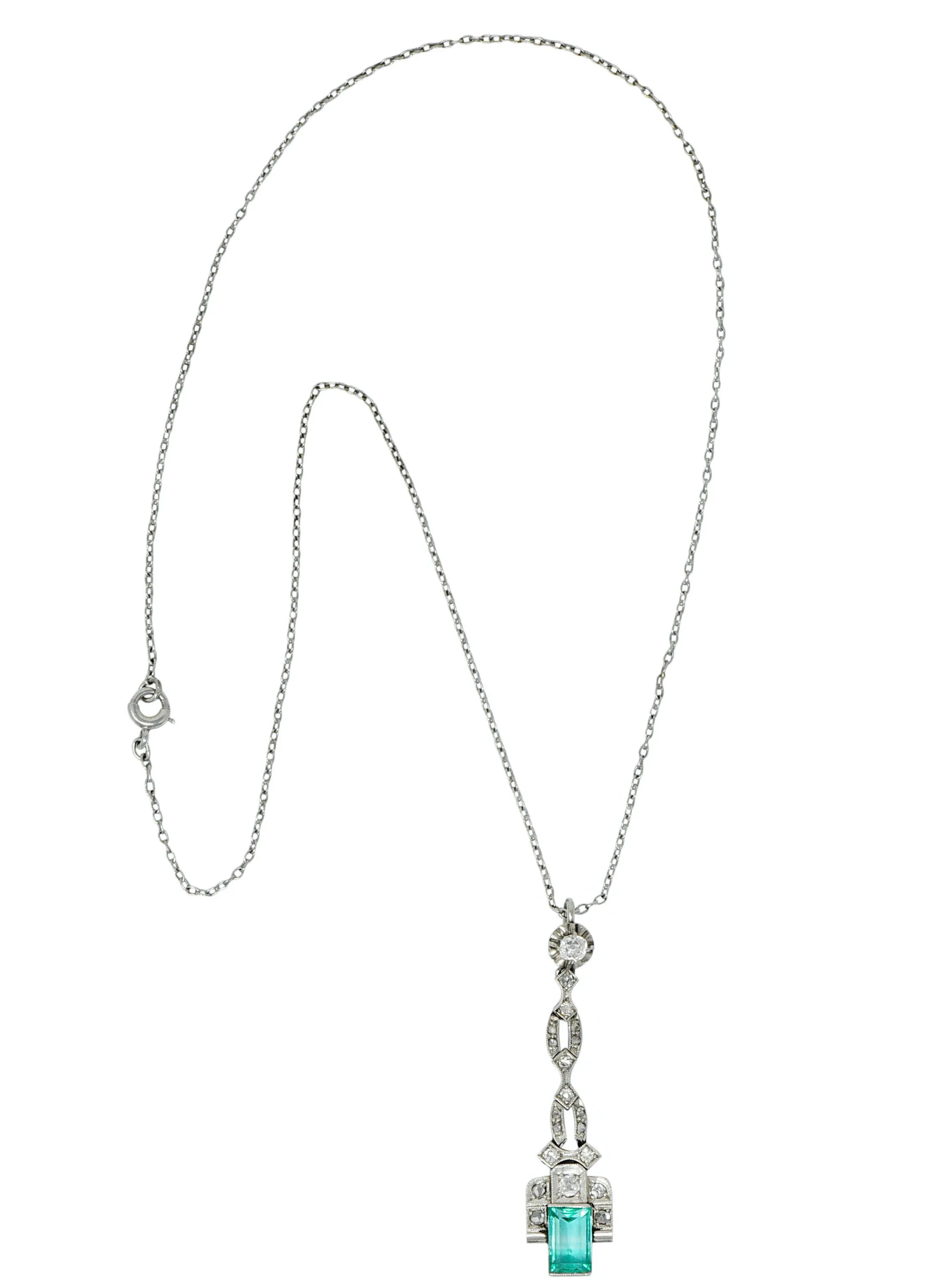 1920's Art Deco 1.35 CTW Emerald Diamond Platinum Pendant Necklace