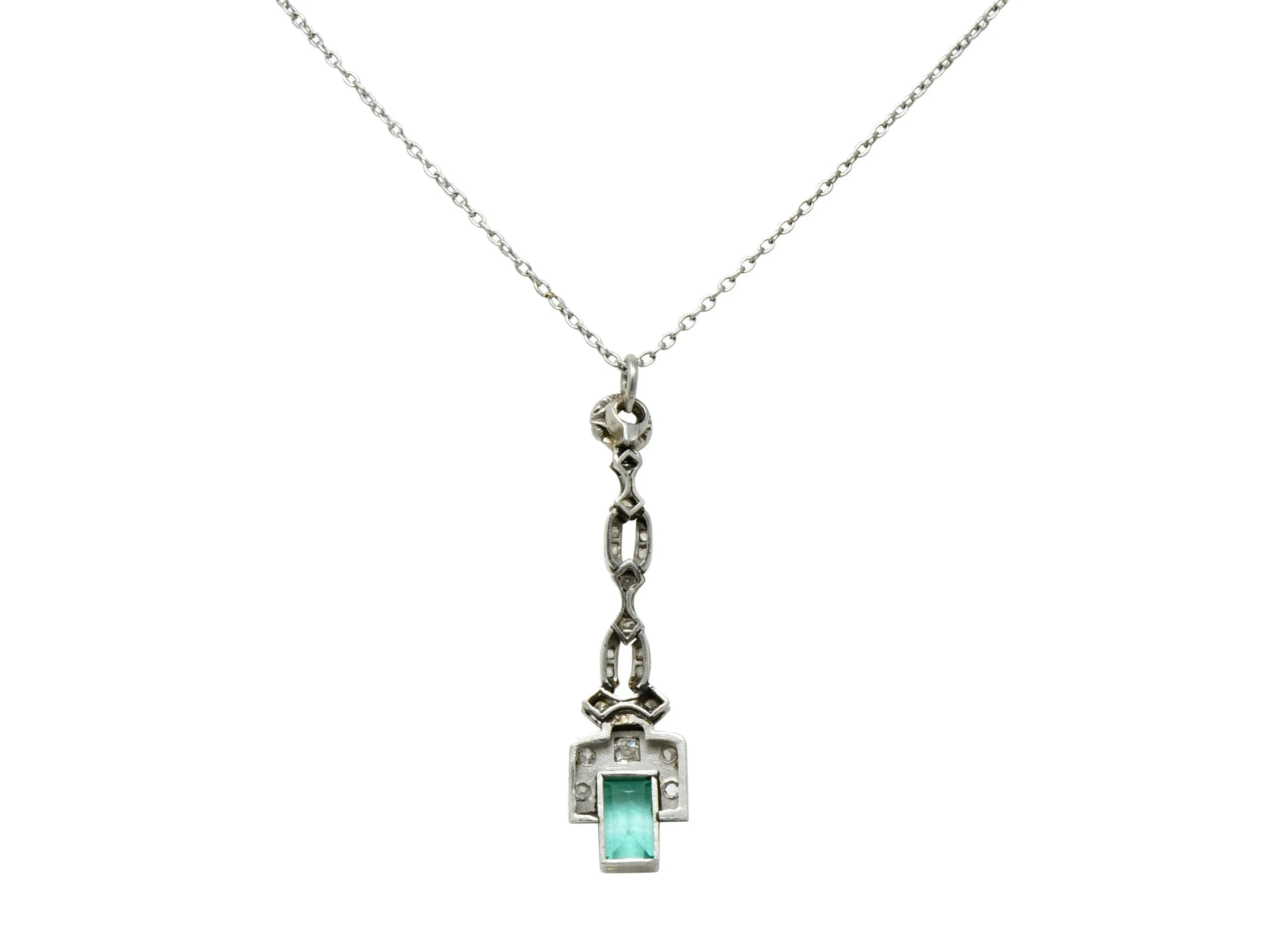 1920's Art Deco 1.35 CTW Emerald Diamond Platinum Pendant Necklace