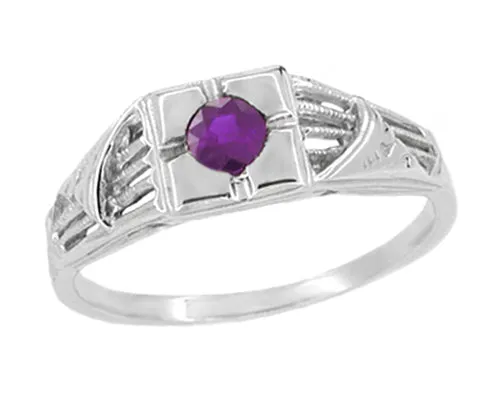 1920's Art Deco Filigree Windsails Antique Style Amethyst Ring in 14K White Gold