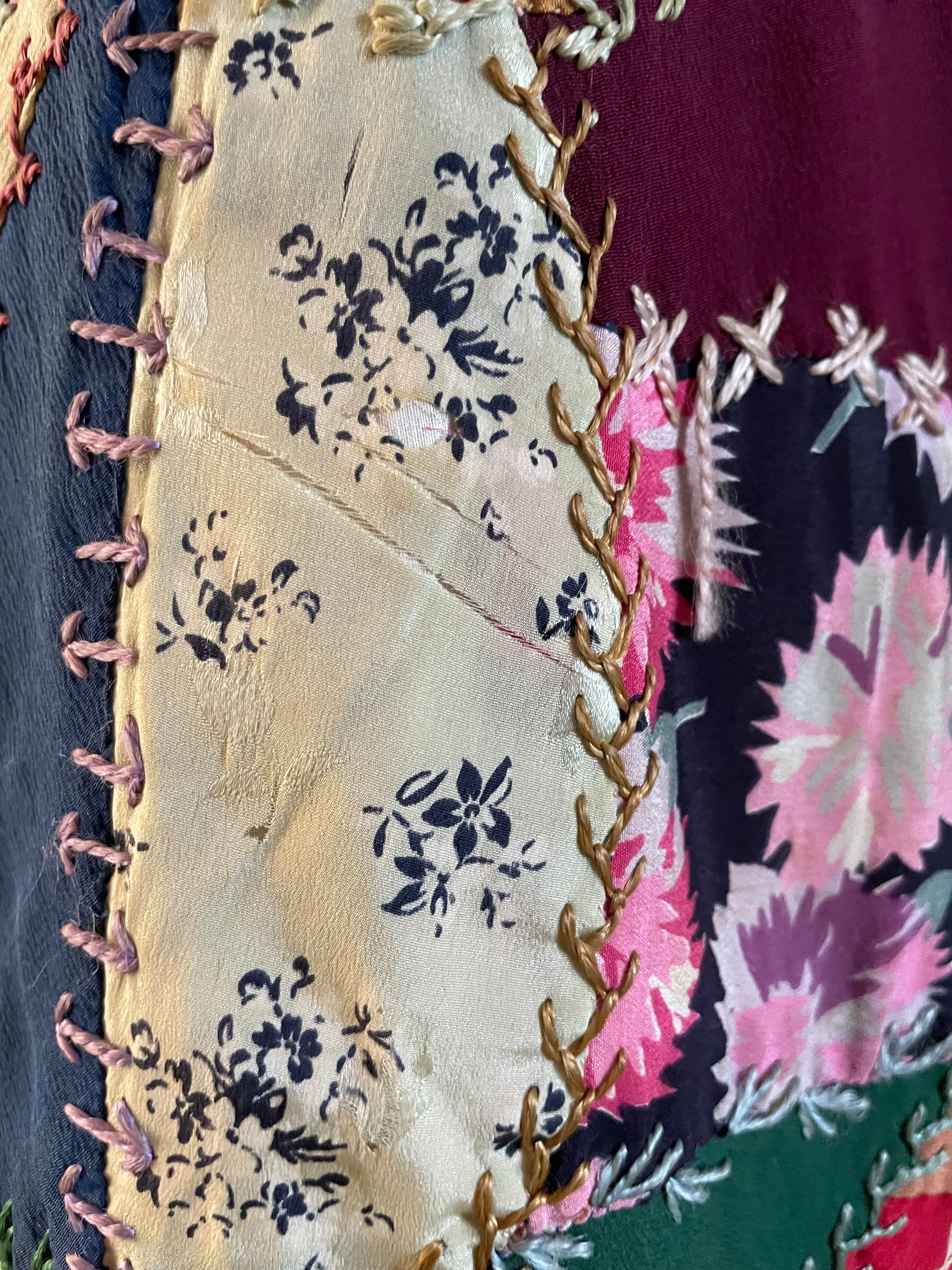 1920s Deco Bell Sleeve Silk Crazy Quilt Robe