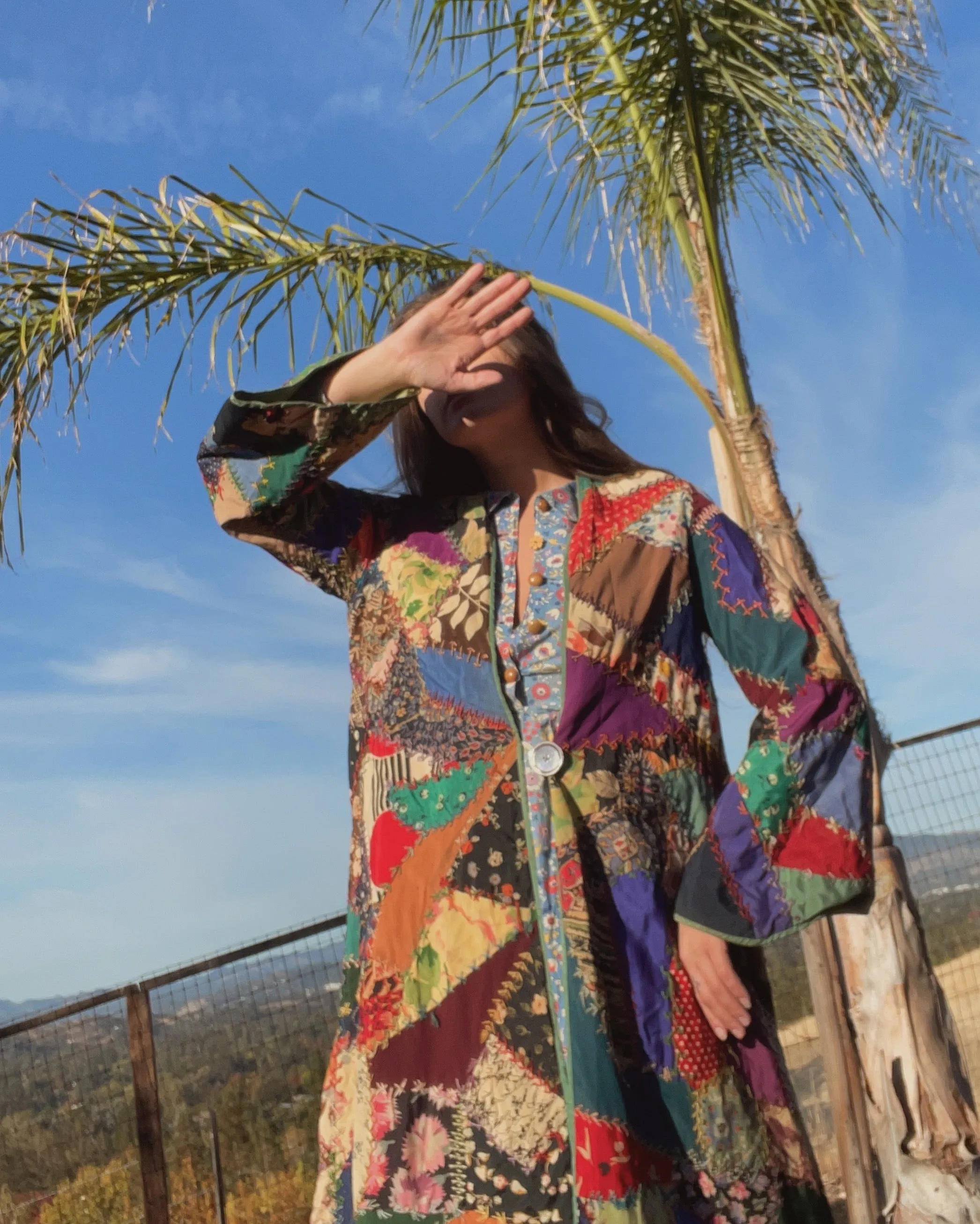 1920s Deco Bell Sleeve Silk Crazy Quilt Robe