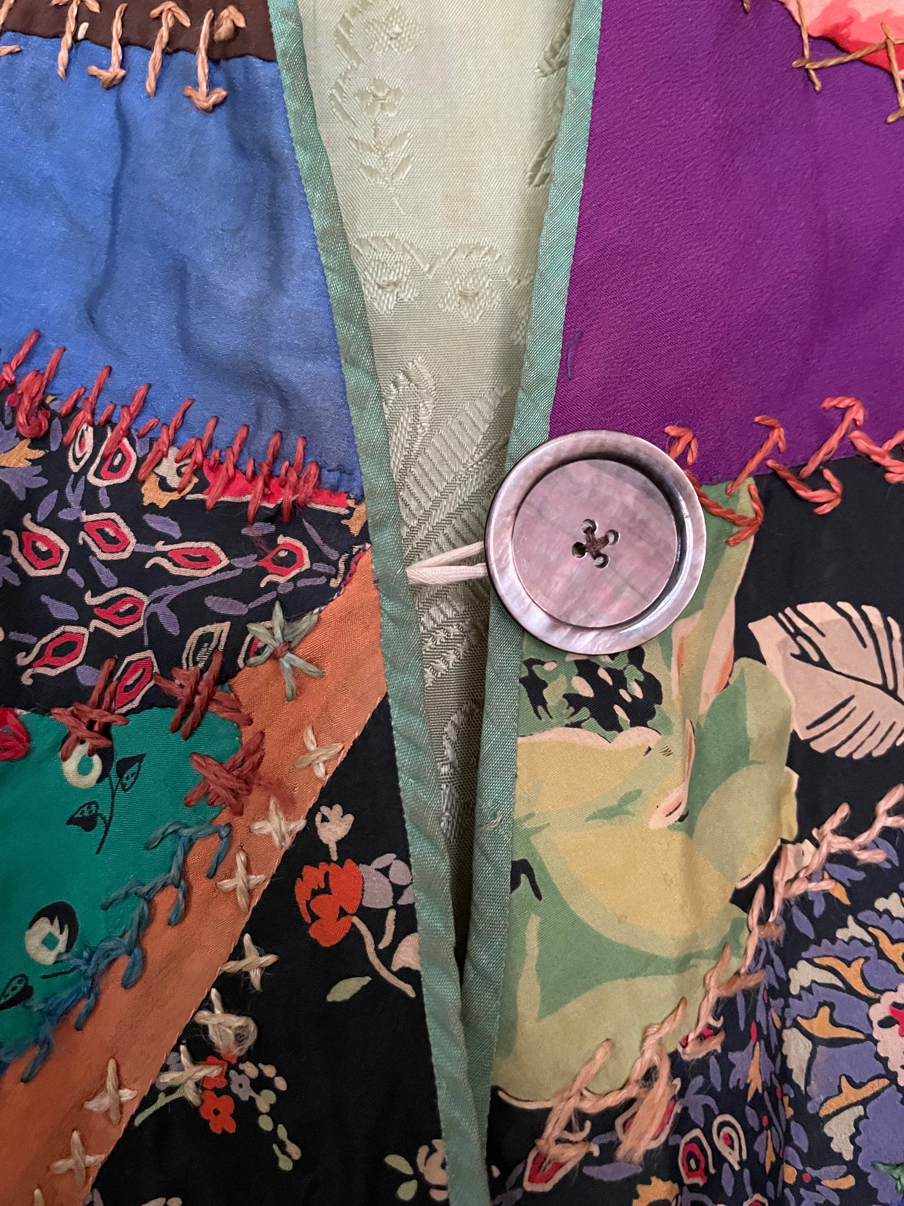 1920s Deco Bell Sleeve Silk Crazy Quilt Robe