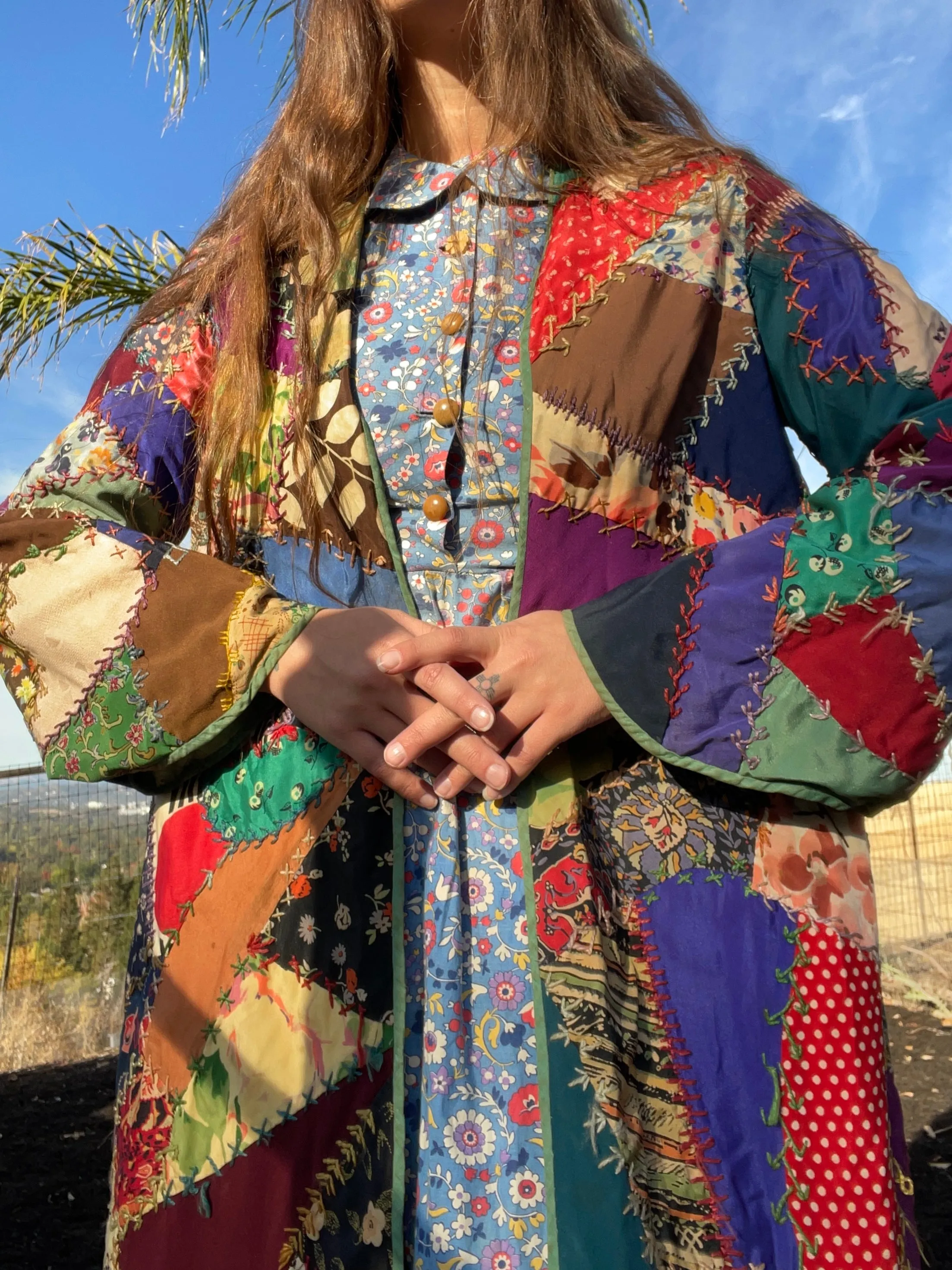 1920s Deco Bell Sleeve Silk Crazy Quilt Robe