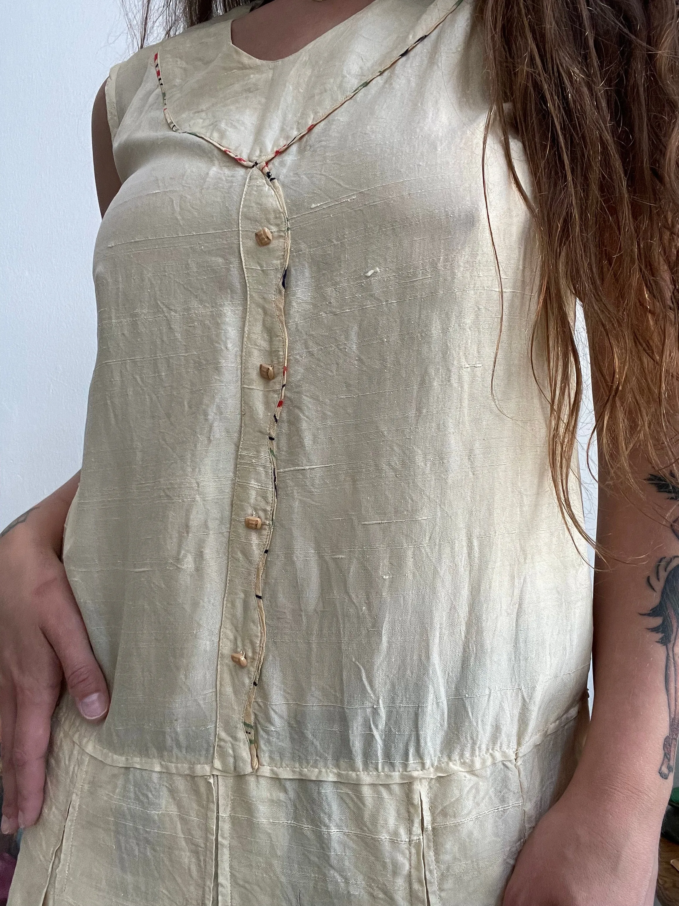 1920s Drop Waist Raw Silk Pleated Deco Dress