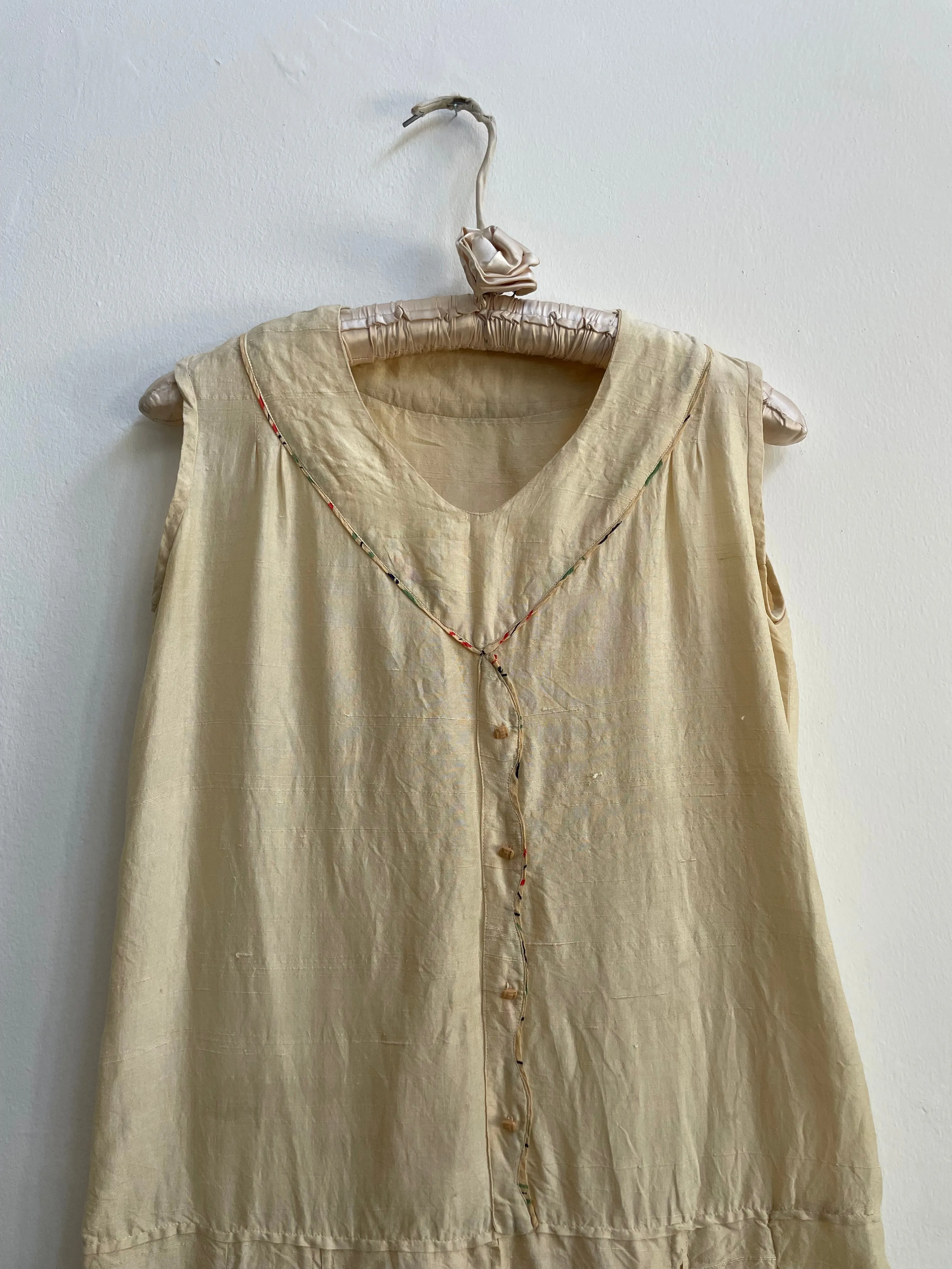 1920s Drop Waist Raw Silk Pleated Deco Dress