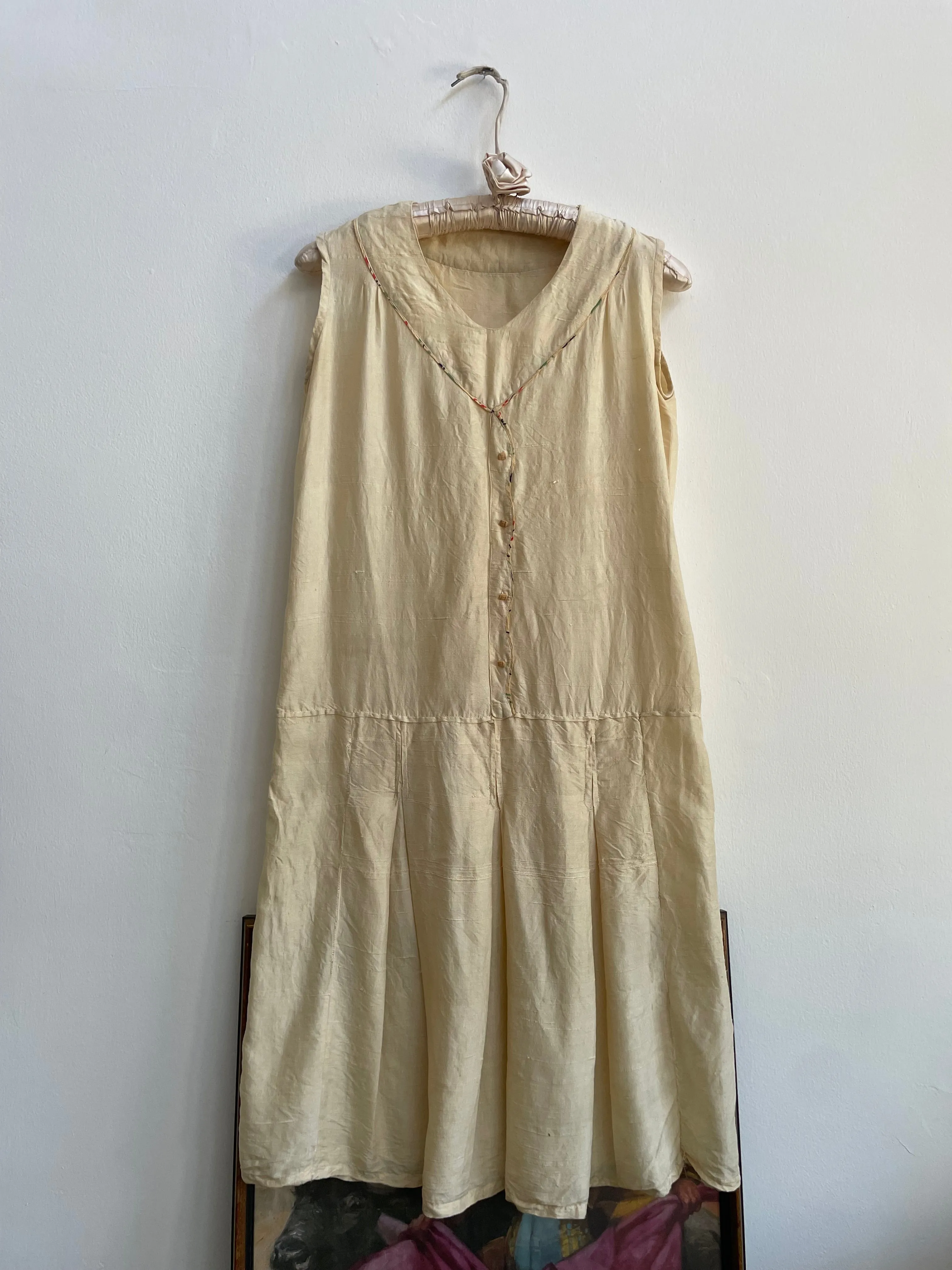 1920s Drop Waist Raw Silk Pleated Deco Dress