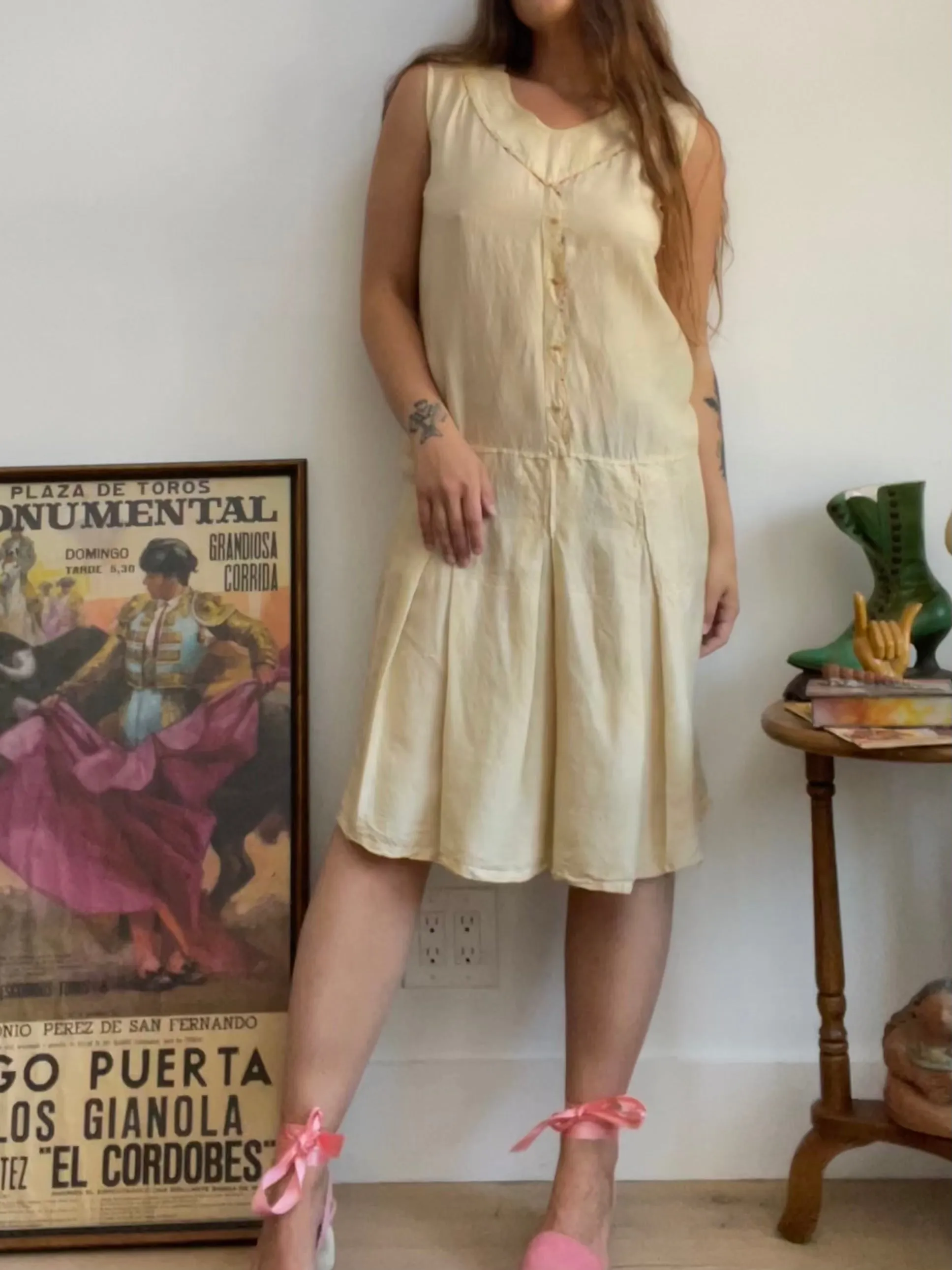 1920s Drop Waist Raw Silk Pleated Deco Dress