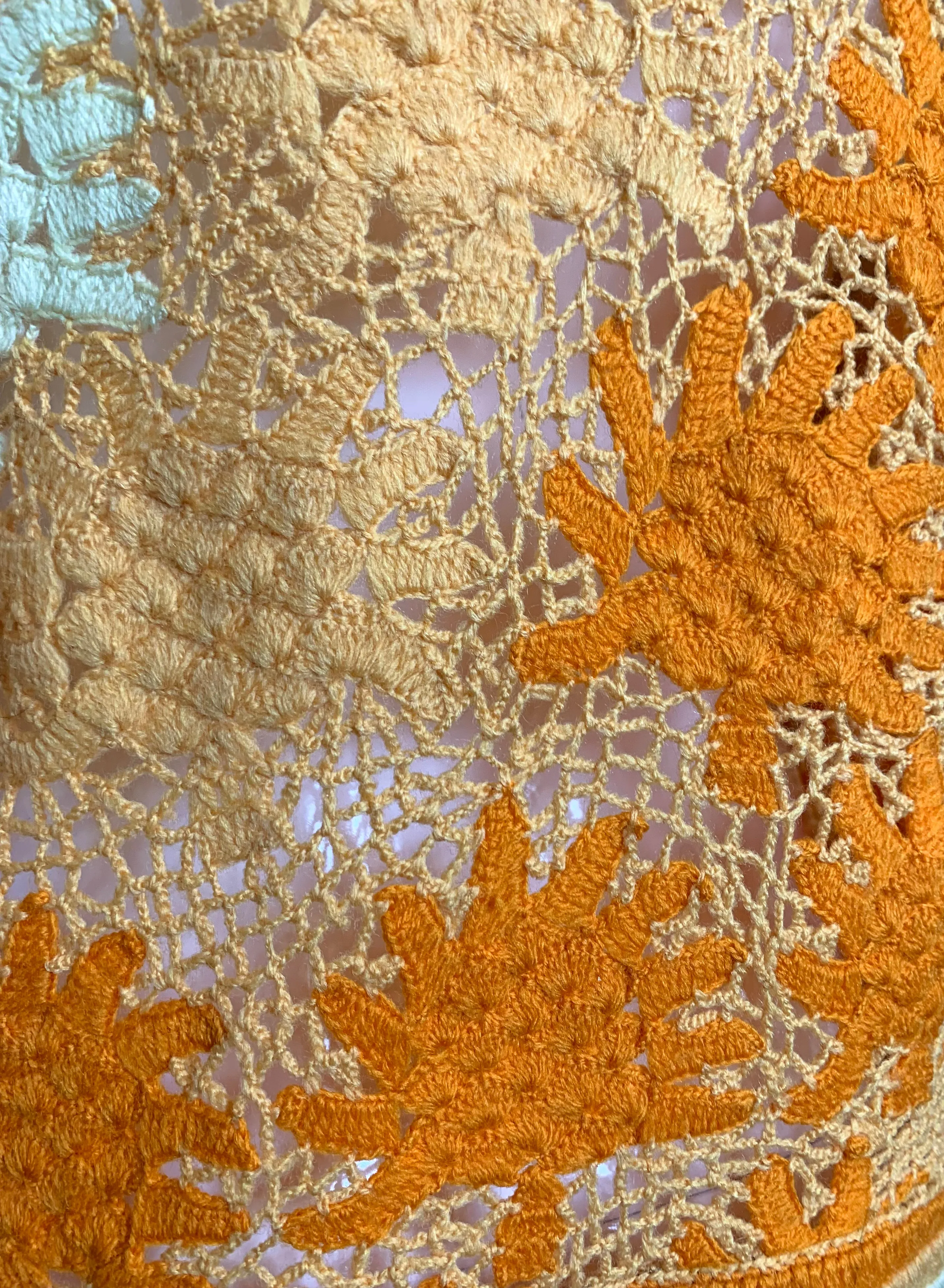 1920's Hand Crocheted Short Sleeve Deco Cardigan In Ombre Ivory to Orange