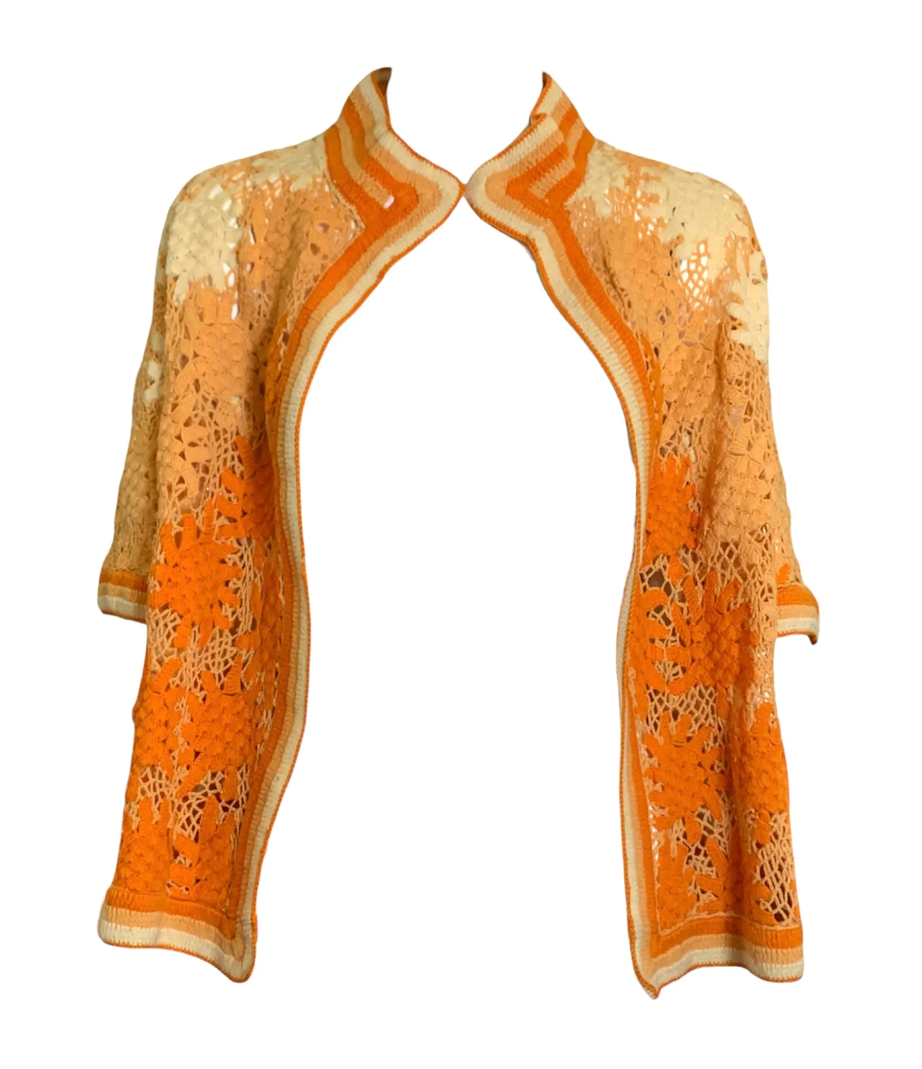 1920's Hand Crocheted Short Sleeve Deco Cardigan In Ombre Ivory to Orange