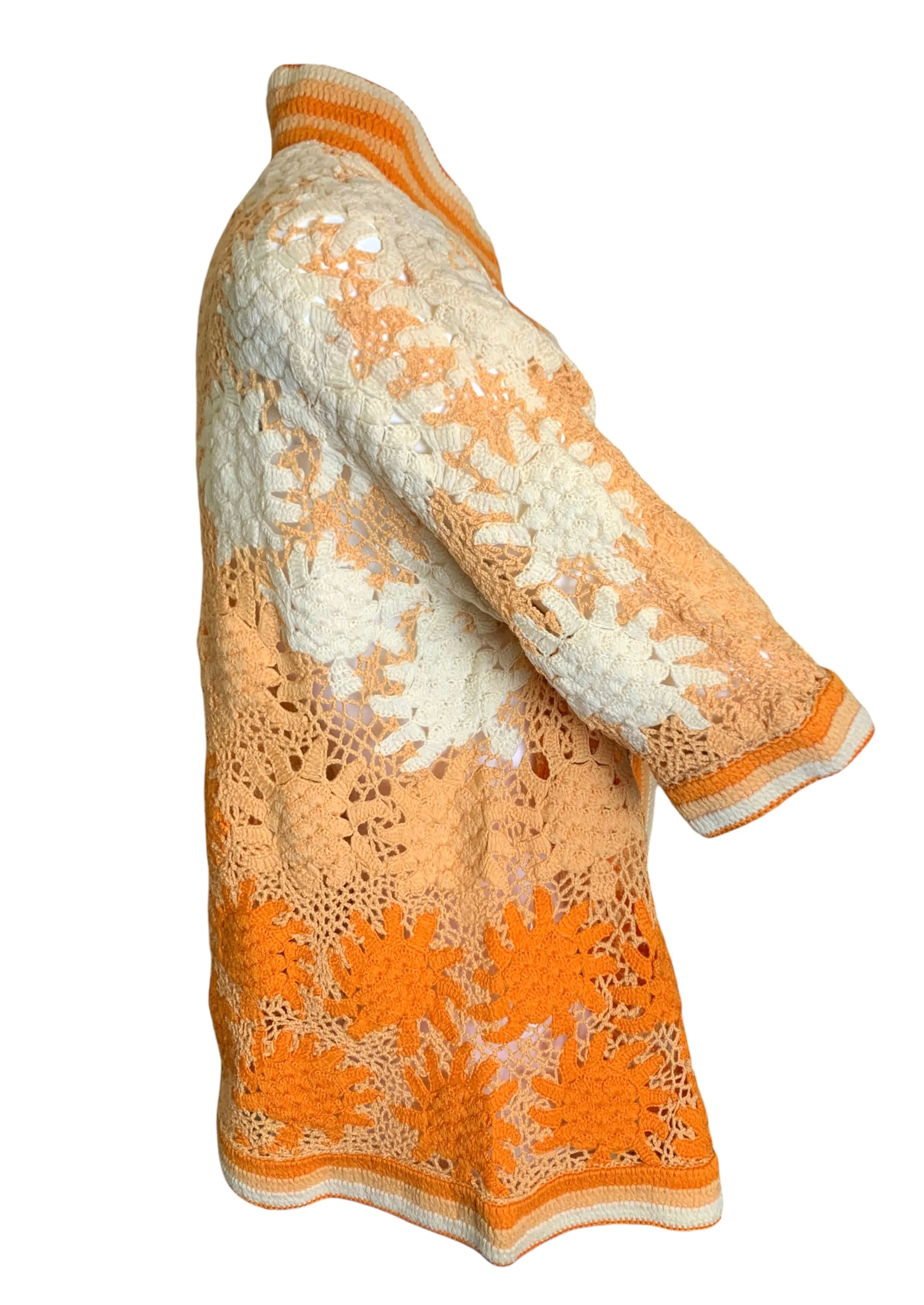 1920's Hand Crocheted Short Sleeve Deco Cardigan In Ombre Ivory to Orange