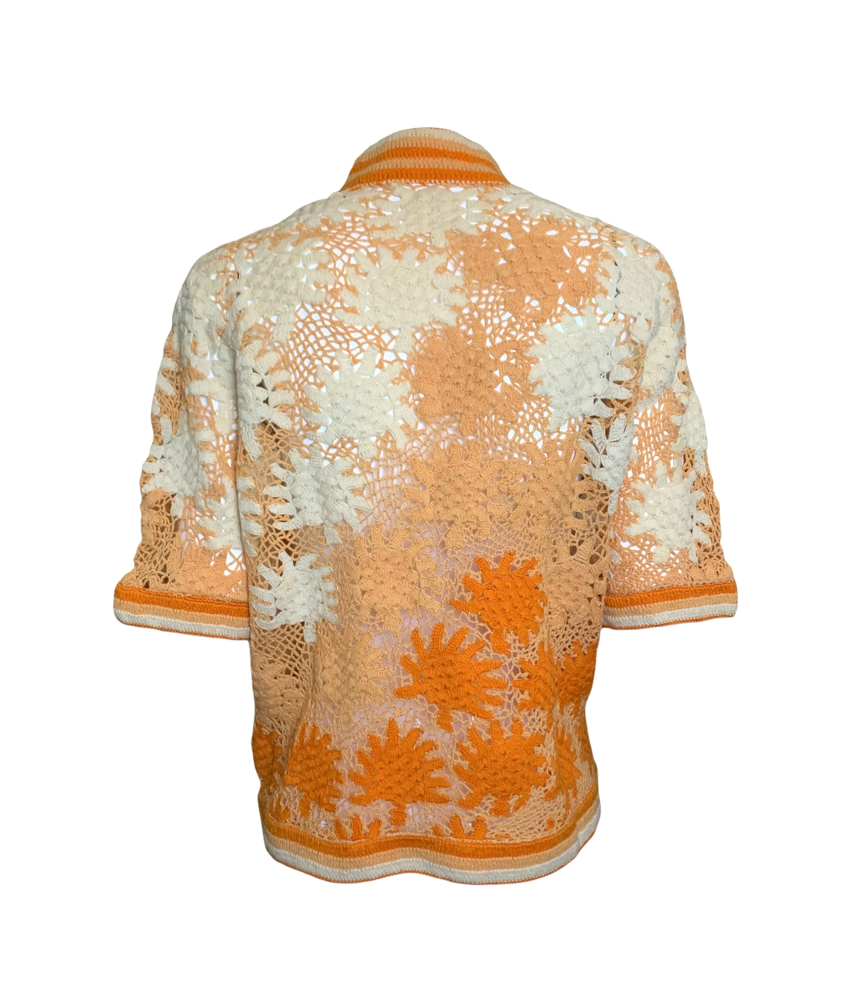 1920's Hand Crocheted Short Sleeve Deco Cardigan In Ombre Ivory to Orange
