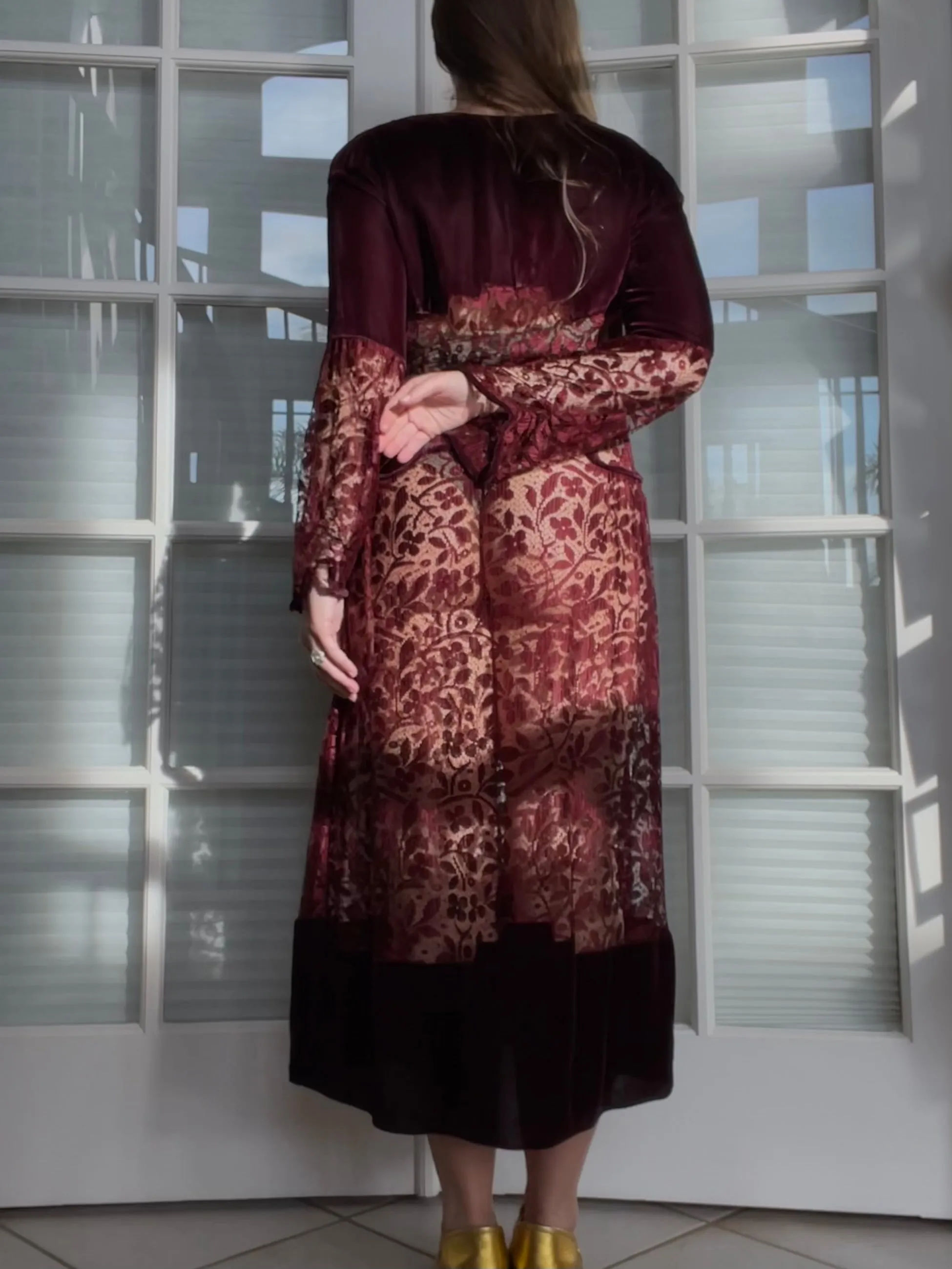 1920s Merlot Silk Velvet & Lace Bell Sleeve Dress