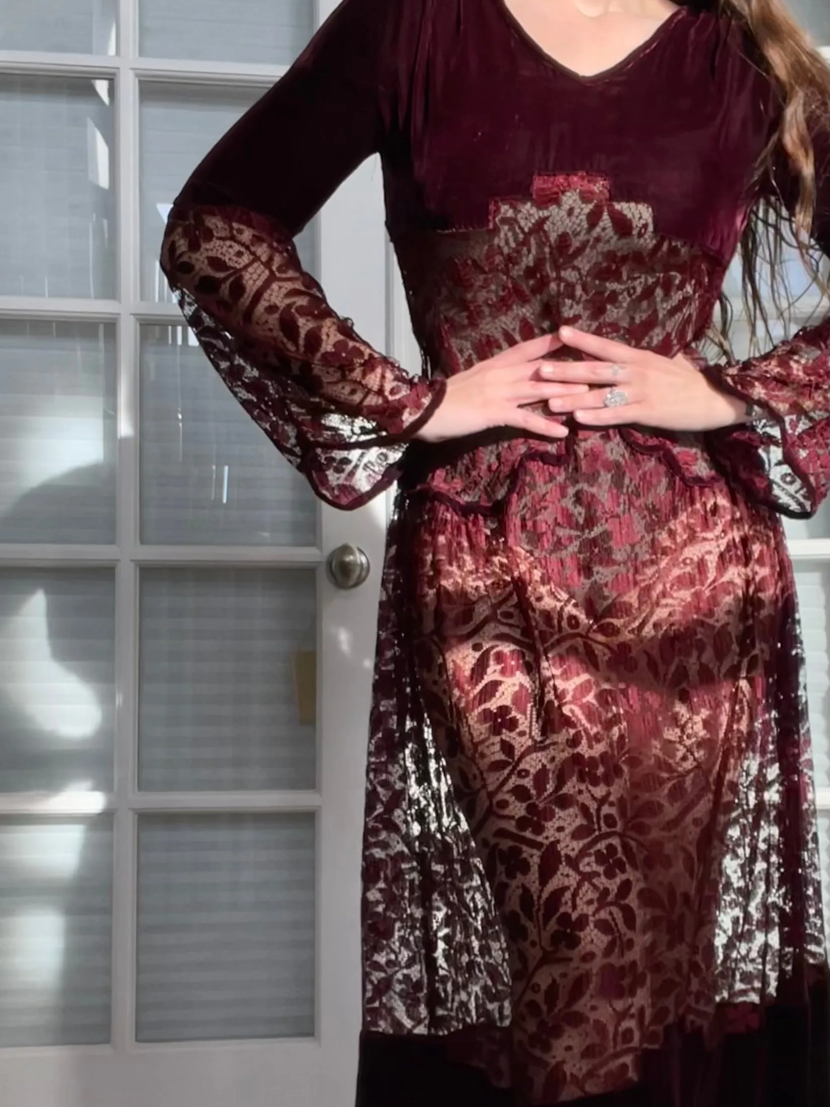 1920s Merlot Silk Velvet & Lace Bell Sleeve Dress