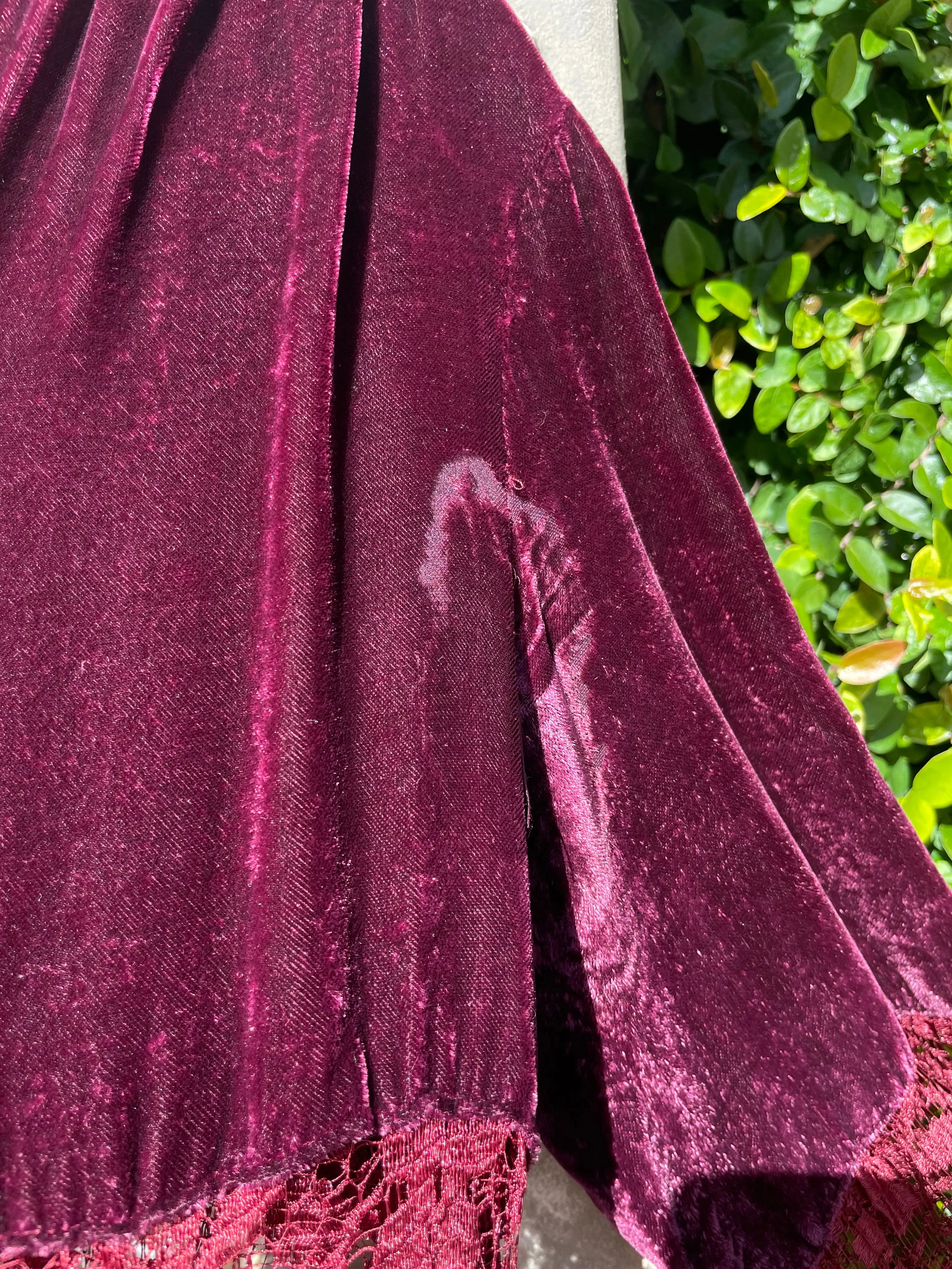 1920s Merlot Silk Velvet & Lace Bell Sleeve Dress