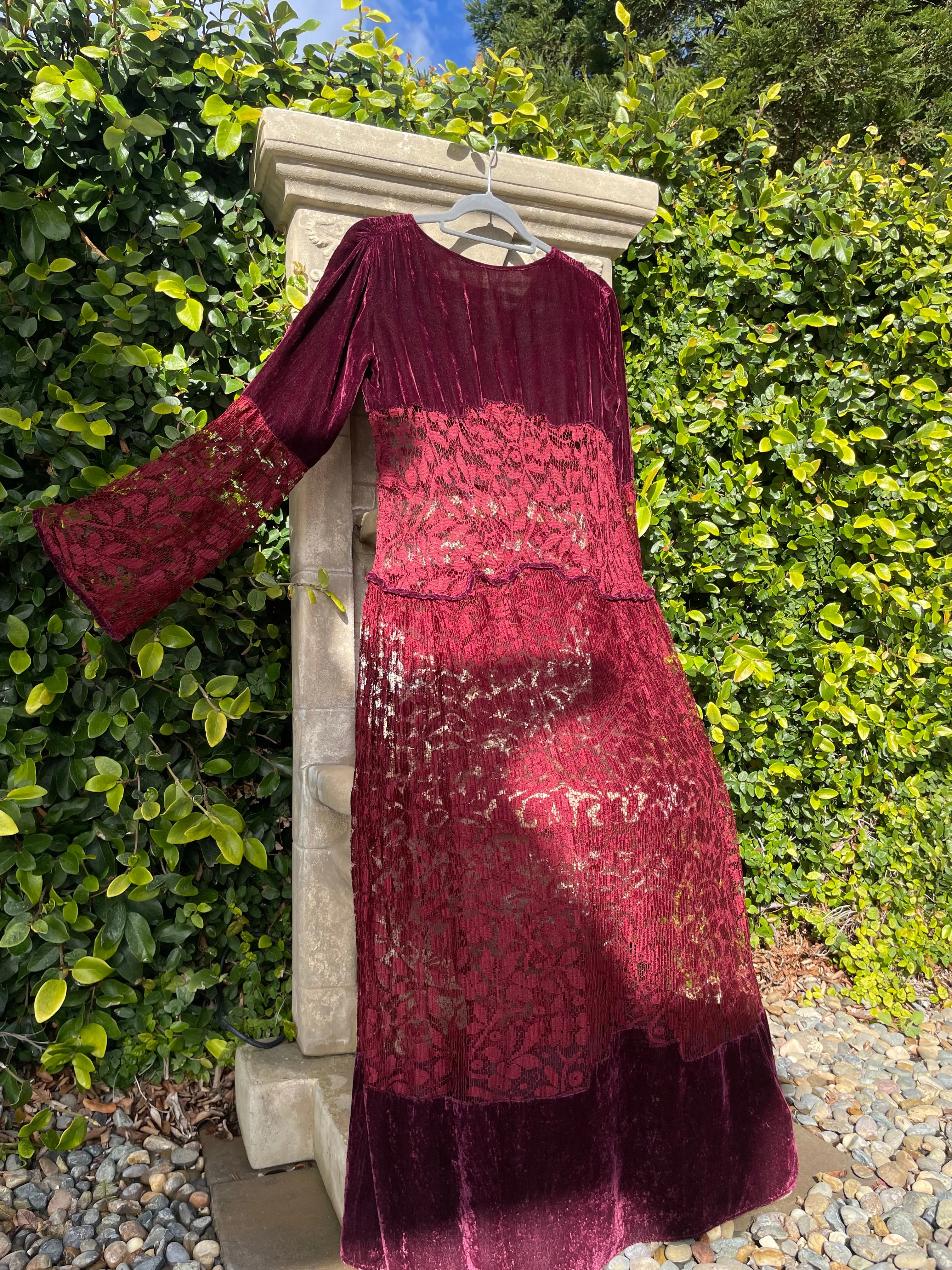 1920s Merlot Silk Velvet & Lace Bell Sleeve Dress
