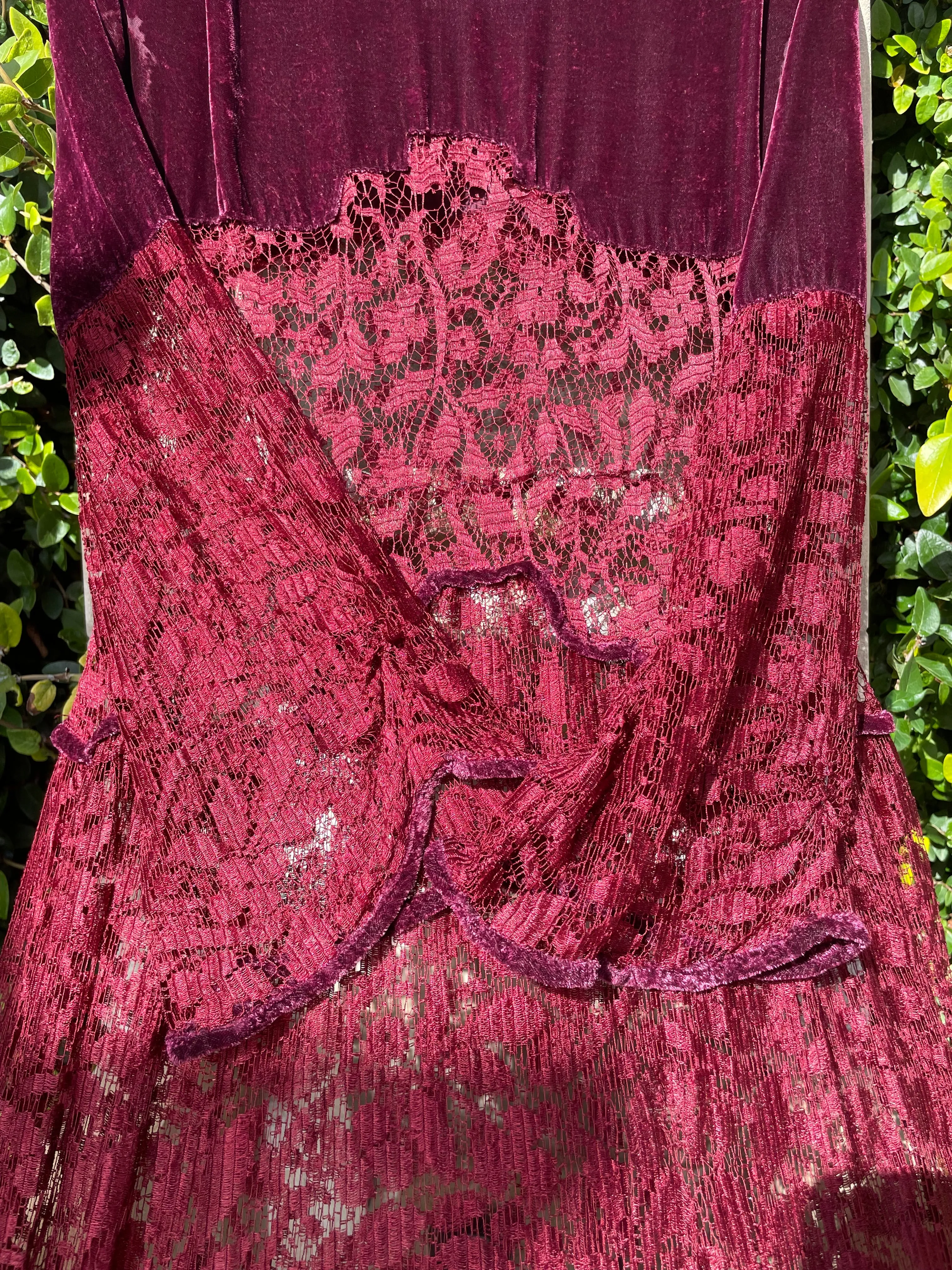 1920s Merlot Silk Velvet & Lace Bell Sleeve Dress