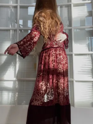 1920s Merlot Silk Velvet & Lace Bell Sleeve Dress