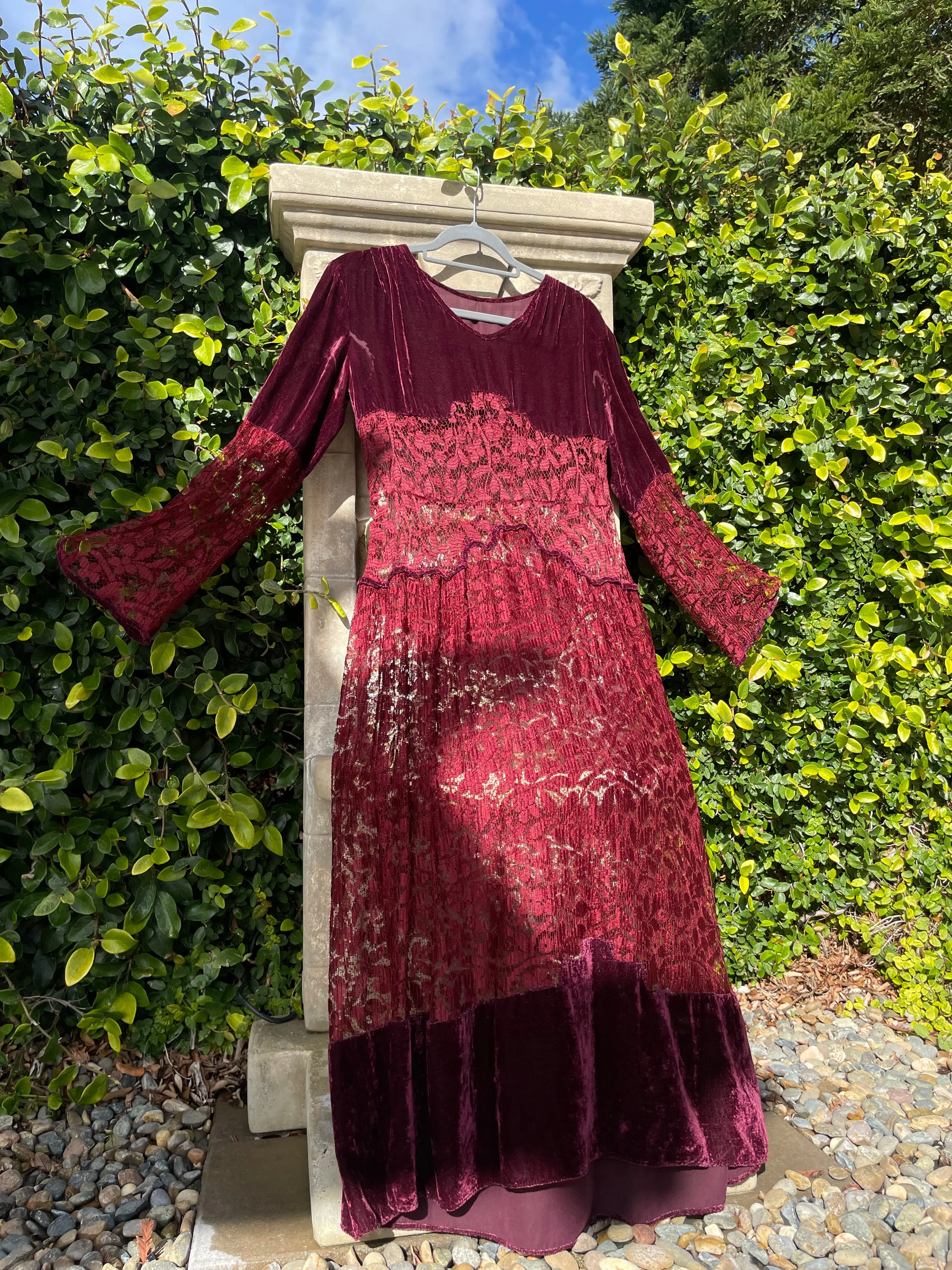 1920s Merlot Silk Velvet & Lace Bell Sleeve Dress