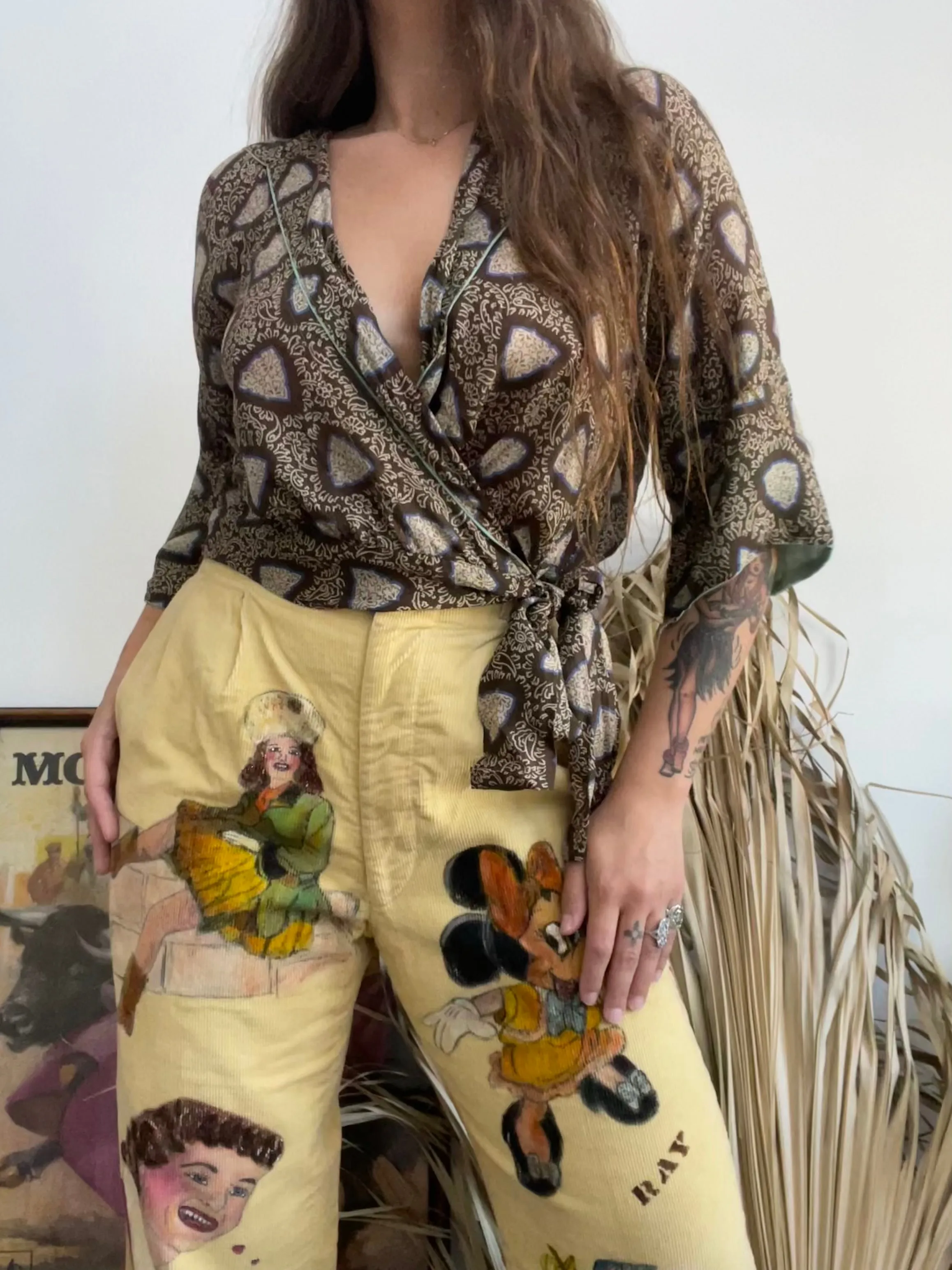 1920s Printed Chiffon Wrap/ Tie Waist Angel Sleeve Blouse
