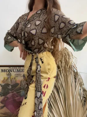 1920s Printed Chiffon Wrap/ Tie Waist Angel Sleeve Blouse