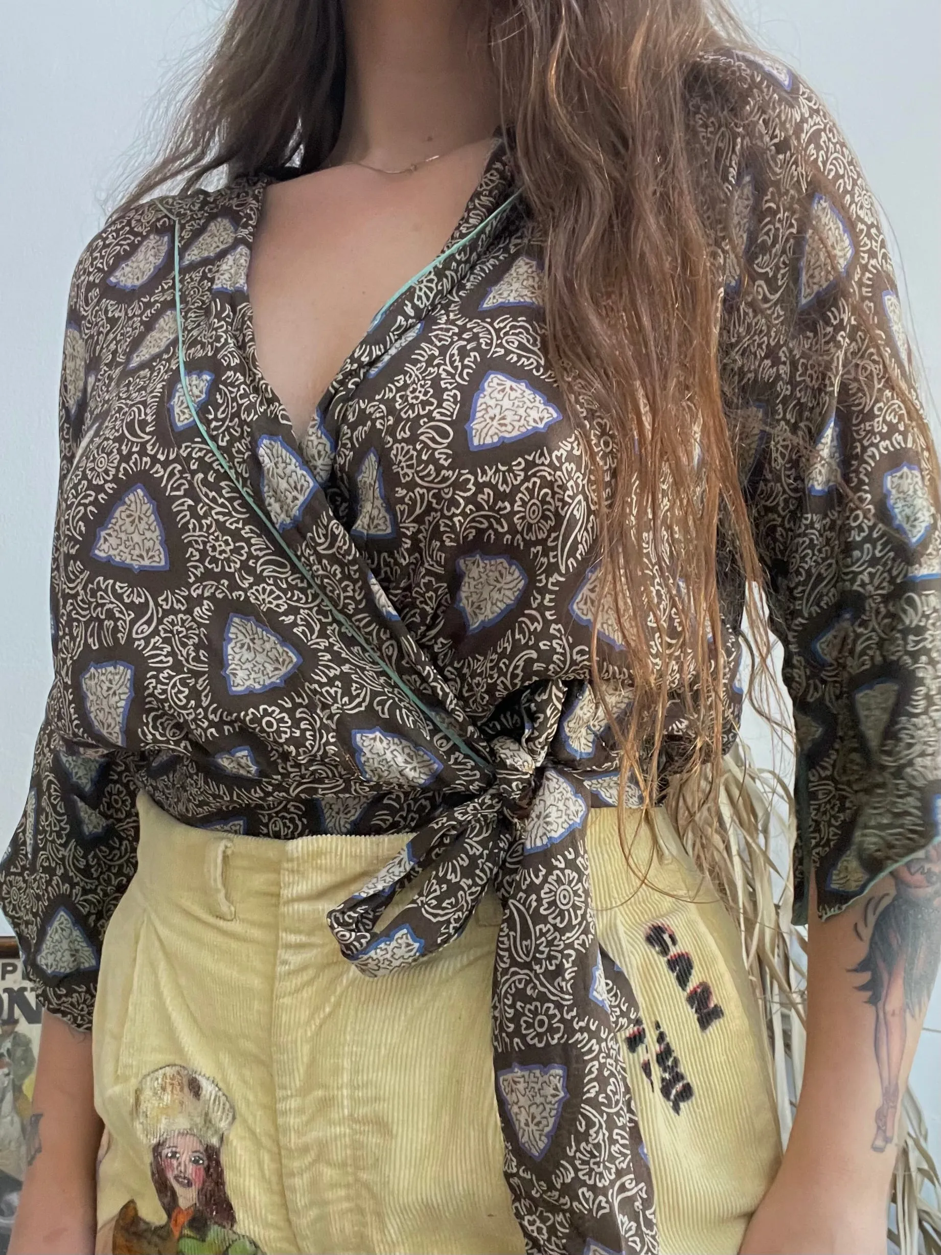 1920s Printed Chiffon Wrap/ Tie Waist Angel Sleeve Blouse