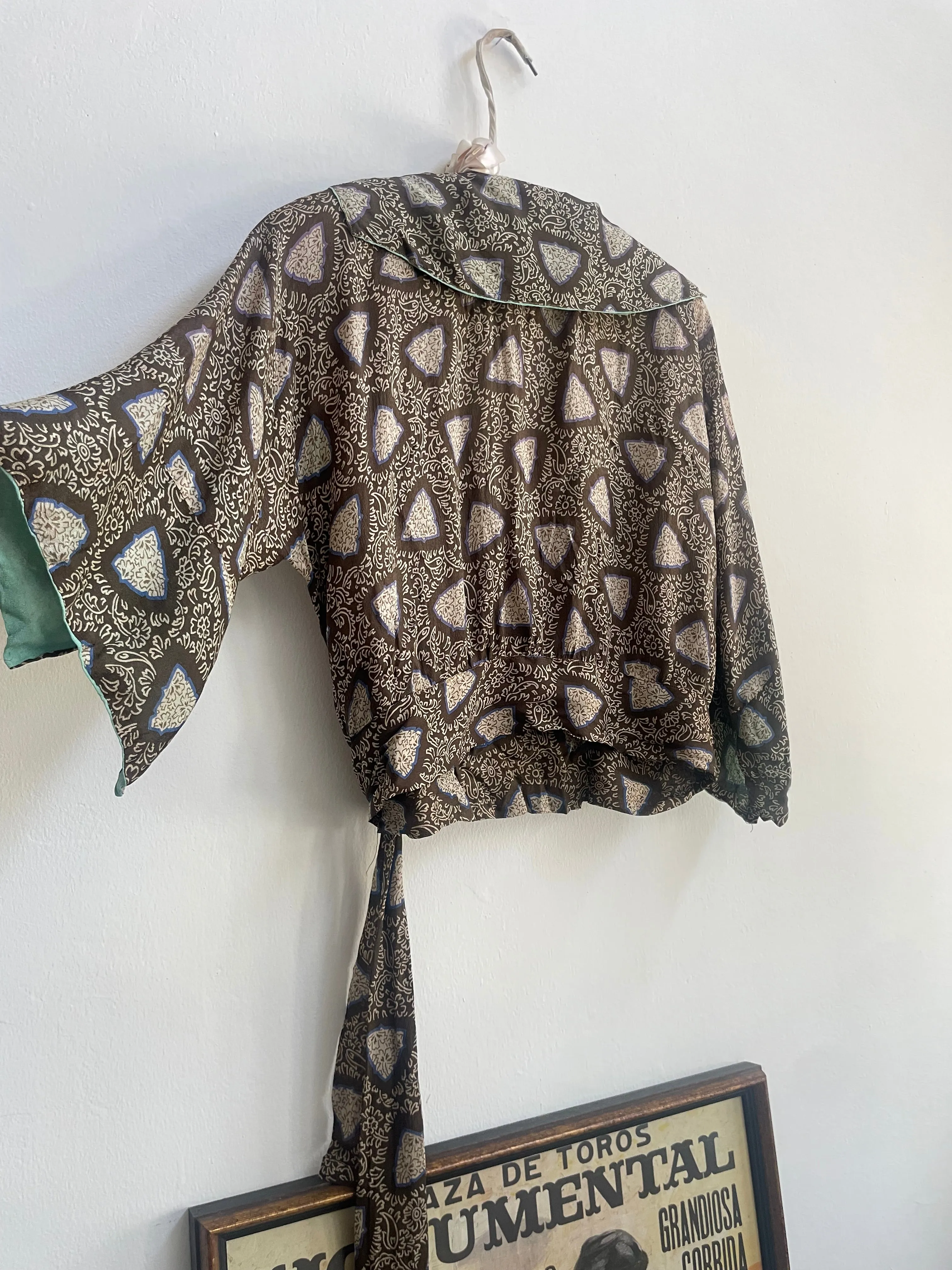 1920s Printed Chiffon Wrap/ Tie Waist Angel Sleeve Blouse