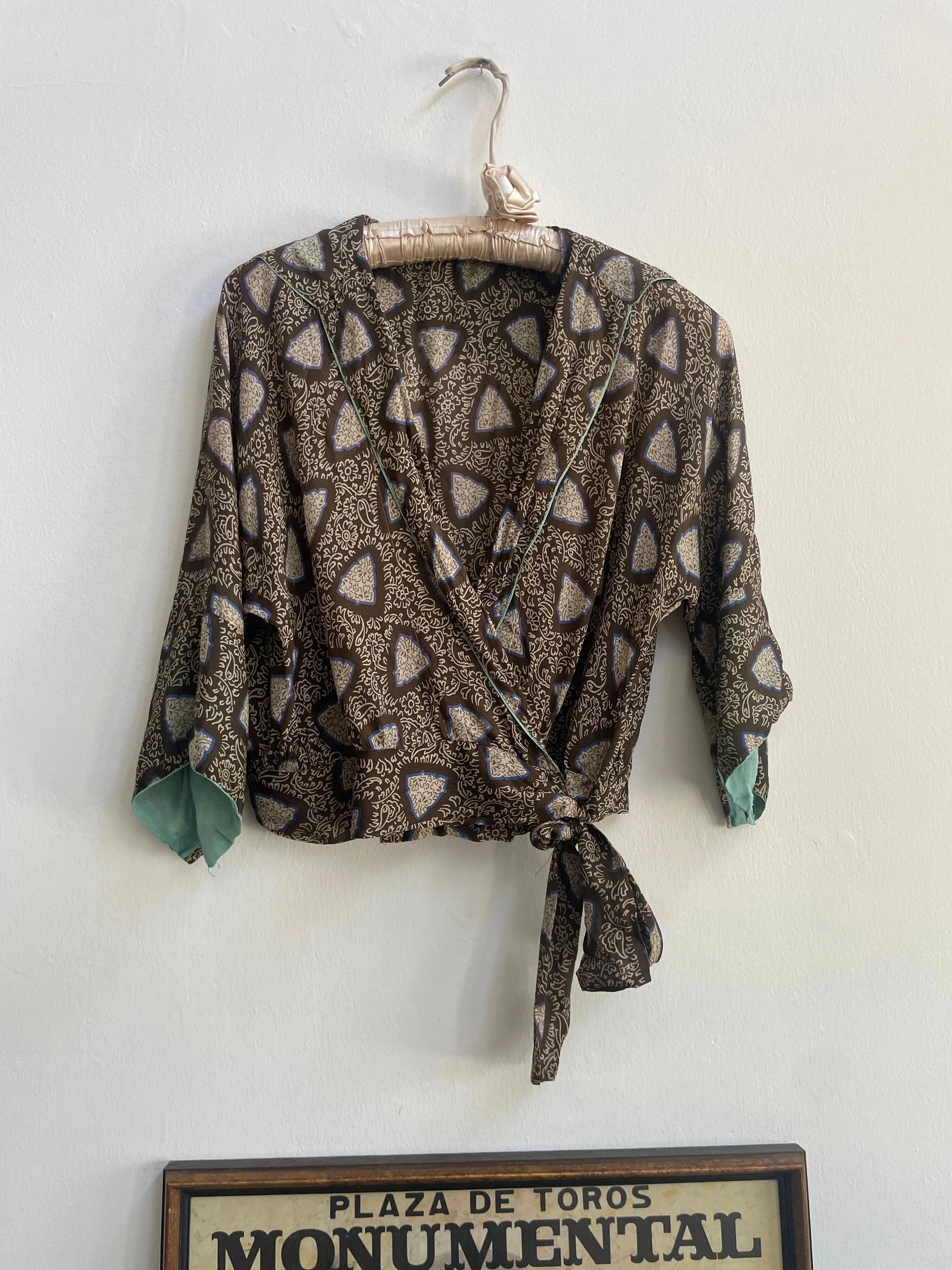 1920s Printed Chiffon Wrap/ Tie Waist Angel Sleeve Blouse