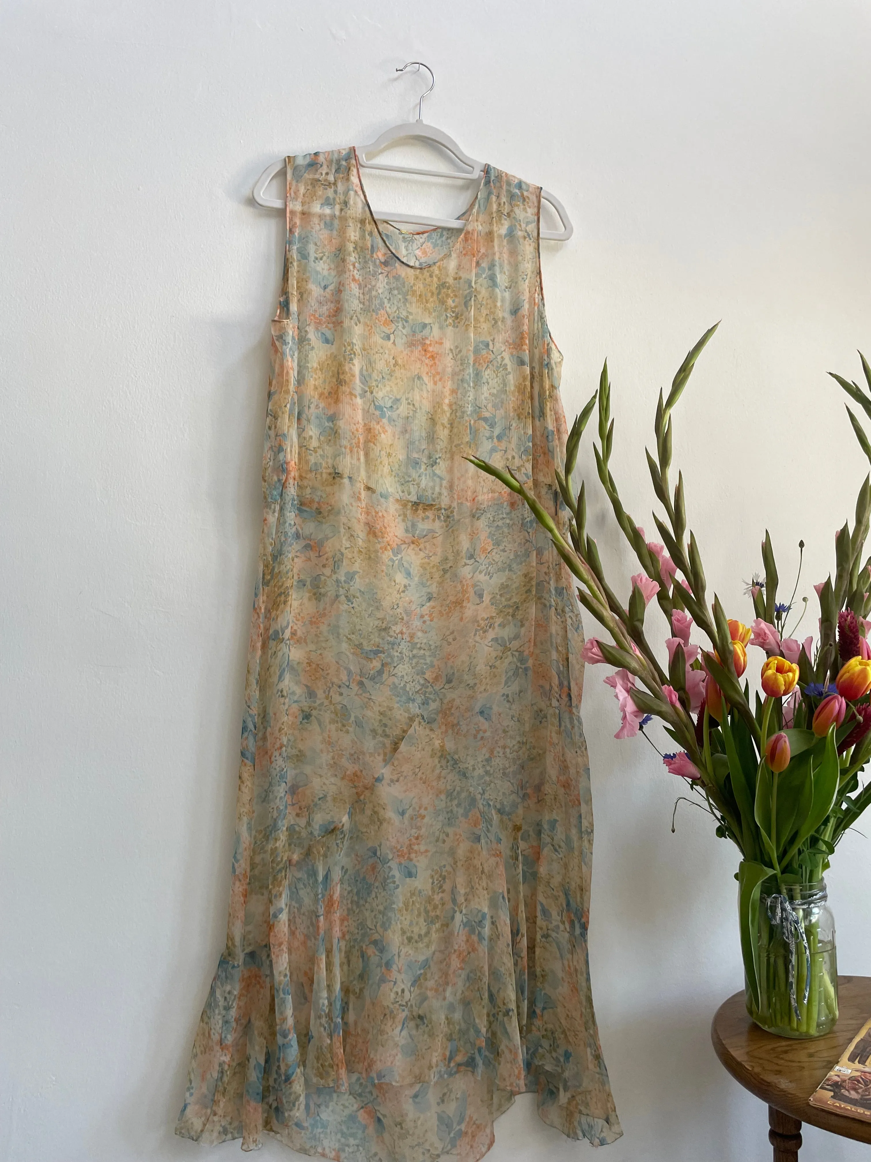 1920s Springtime Floral Silk Chiffon Drop Waist Dress