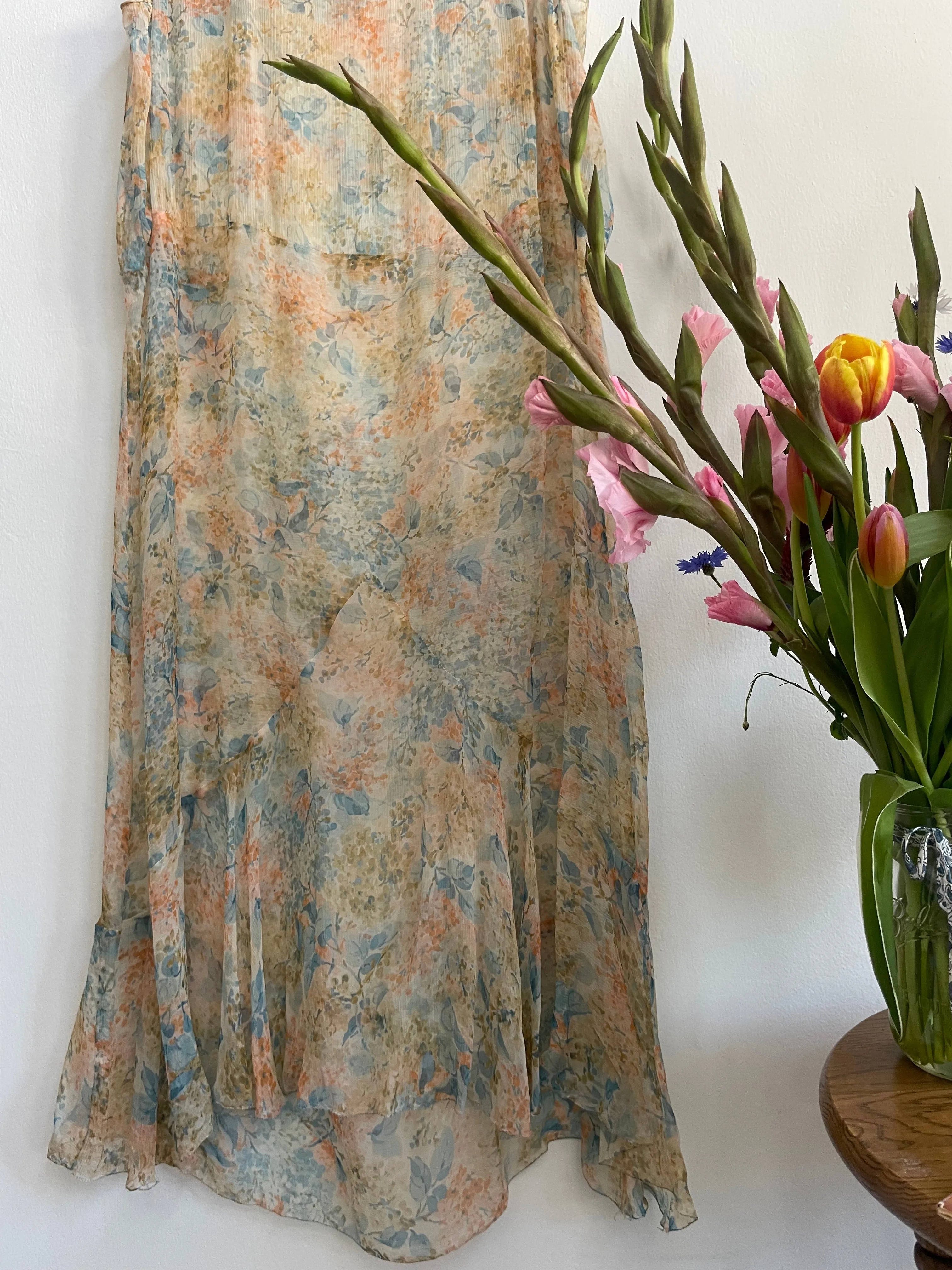 1920s Springtime Floral Silk Chiffon Drop Waist Dress