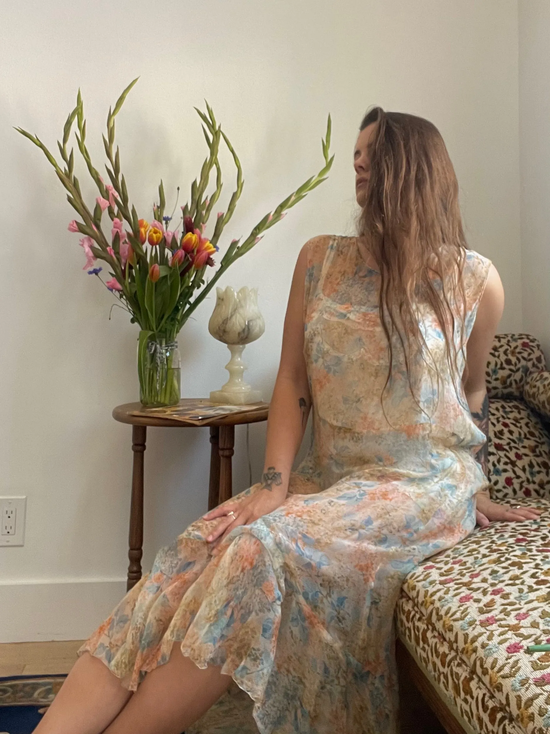 1920s Springtime Floral Silk Chiffon Drop Waist Dress