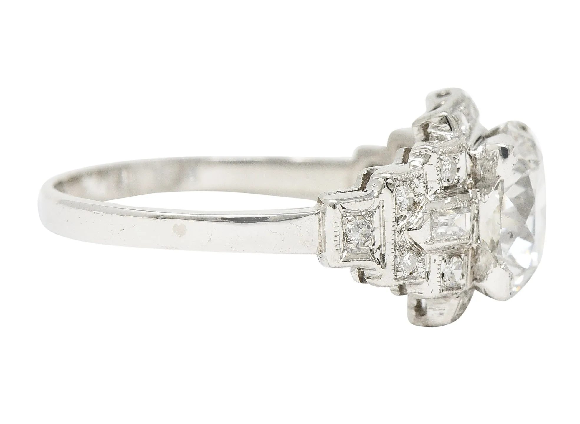 1930's Art Deco 2.34 CTW Old European Cut Diamond Platinum Square Stepped Engagement Ring GIA