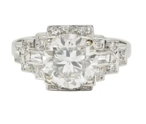 1930's Art Deco 2.34 CTW Old European Cut Diamond Platinum Square Stepped Engagement Ring GIA