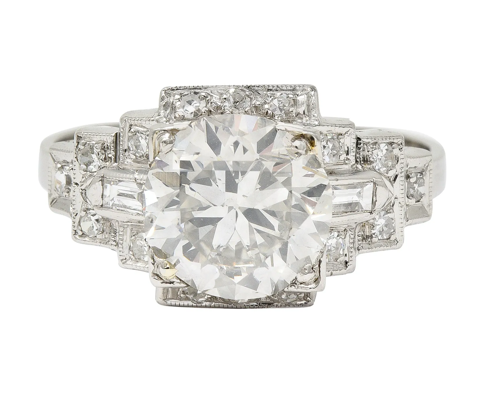 1930's Art Deco 2.34 CTW Old European Cut Diamond Platinum Square Stepped Engagement Ring GIA