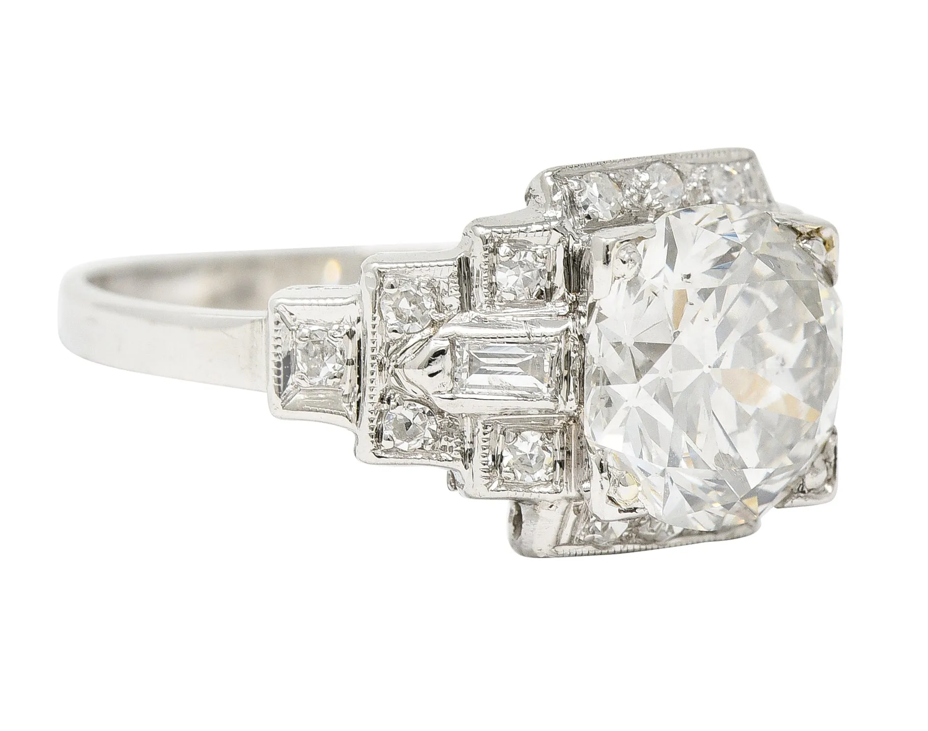 1930's Art Deco 2.34 CTW Old European Cut Diamond Platinum Square Stepped Engagement Ring GIA