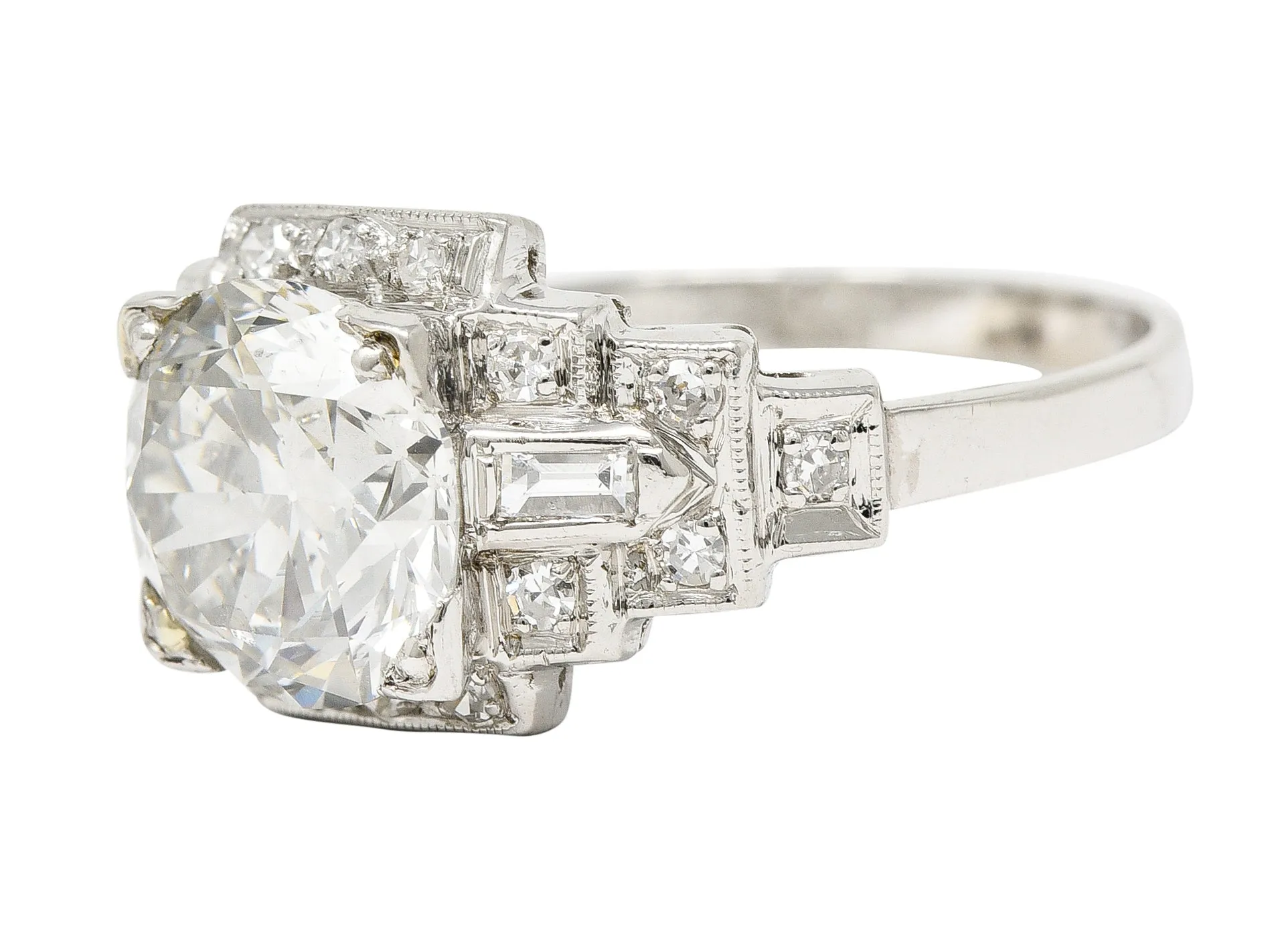 1930's Art Deco 2.34 CTW Old European Cut Diamond Platinum Square Stepped Engagement Ring GIA