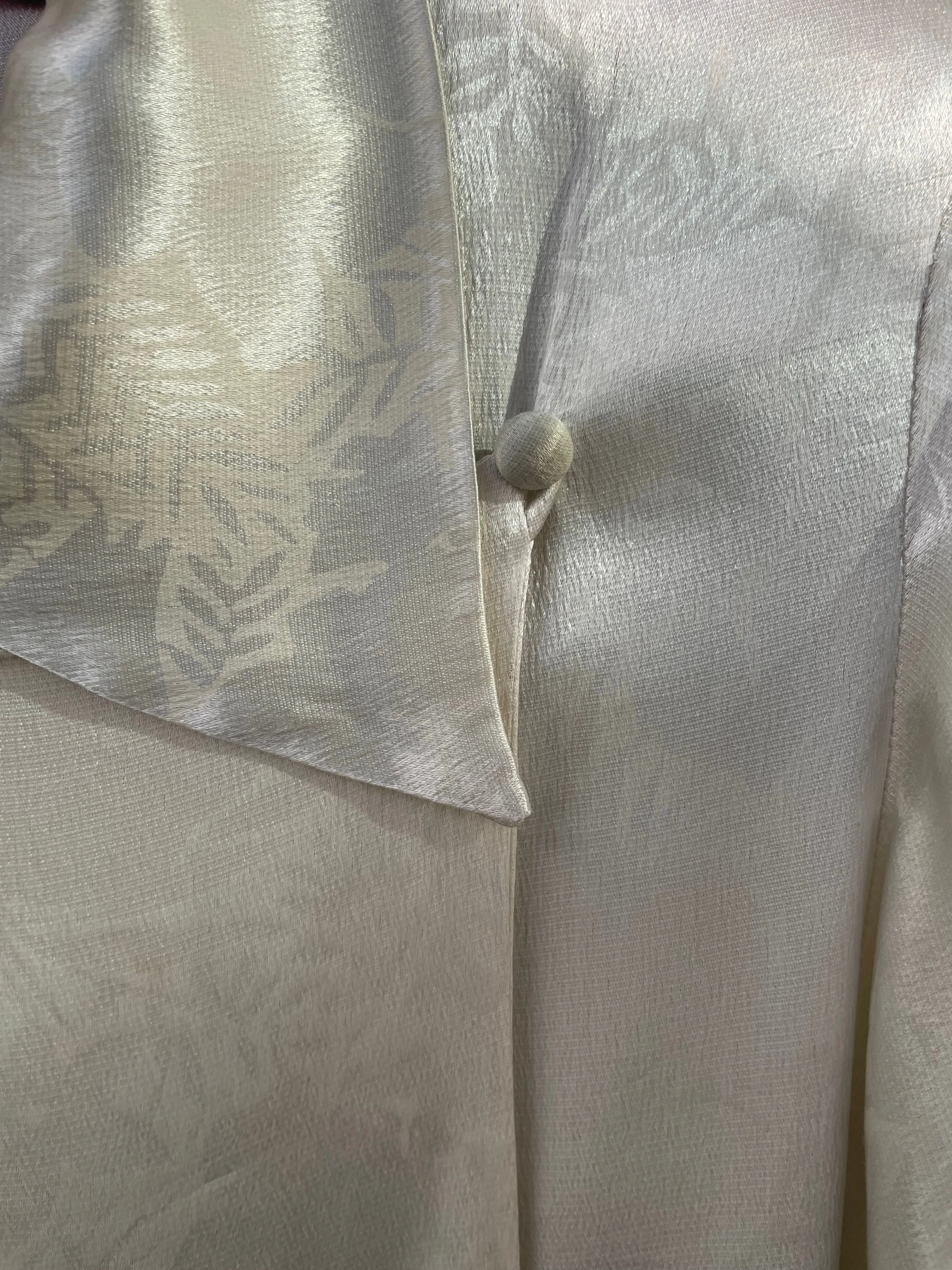 1930s Bell Sleeve Floral Ivory Charmeuse Collared Hostess Gown