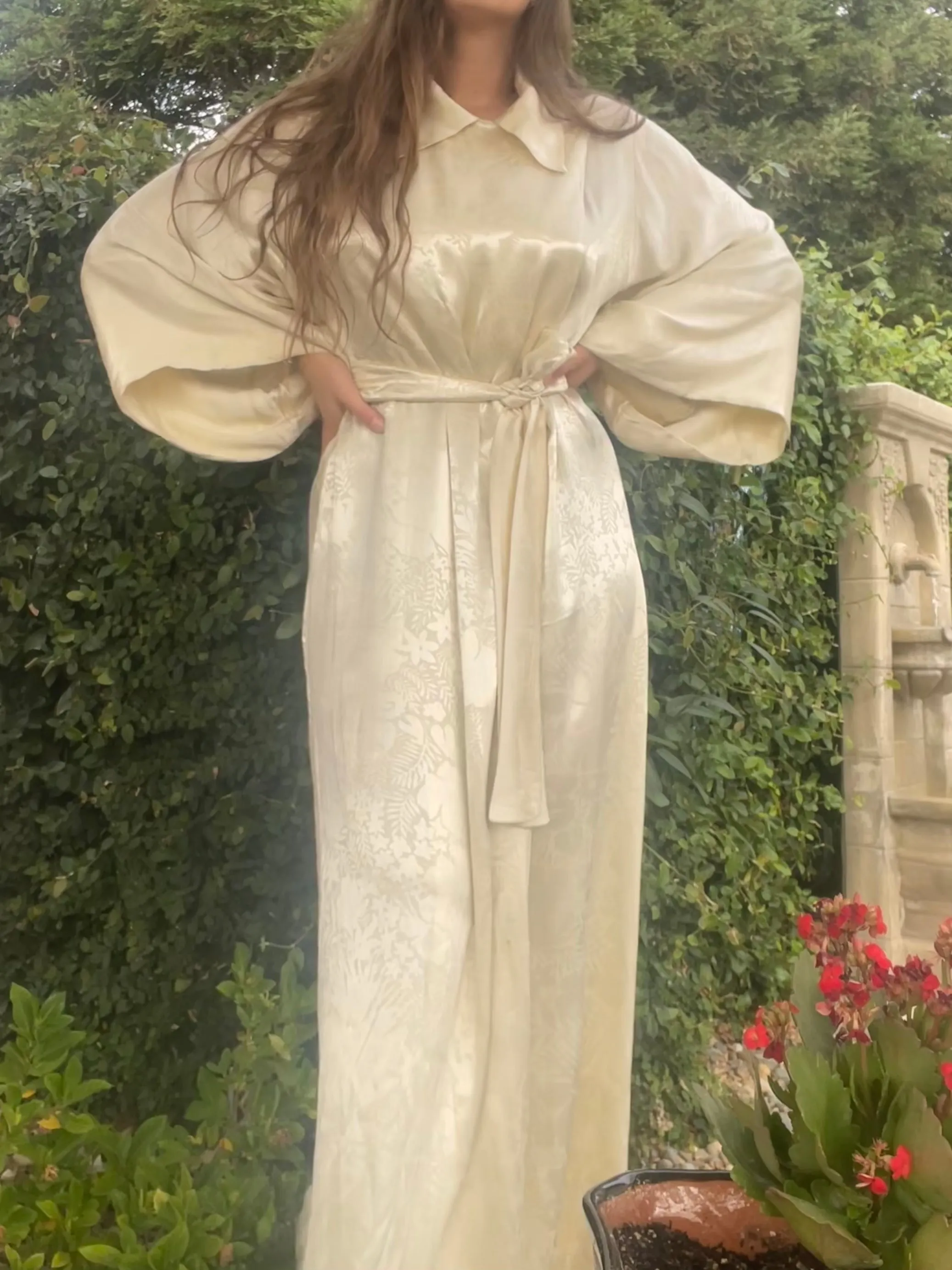 1930s Bell Sleeve Floral Ivory Charmeuse Collared Hostess Gown