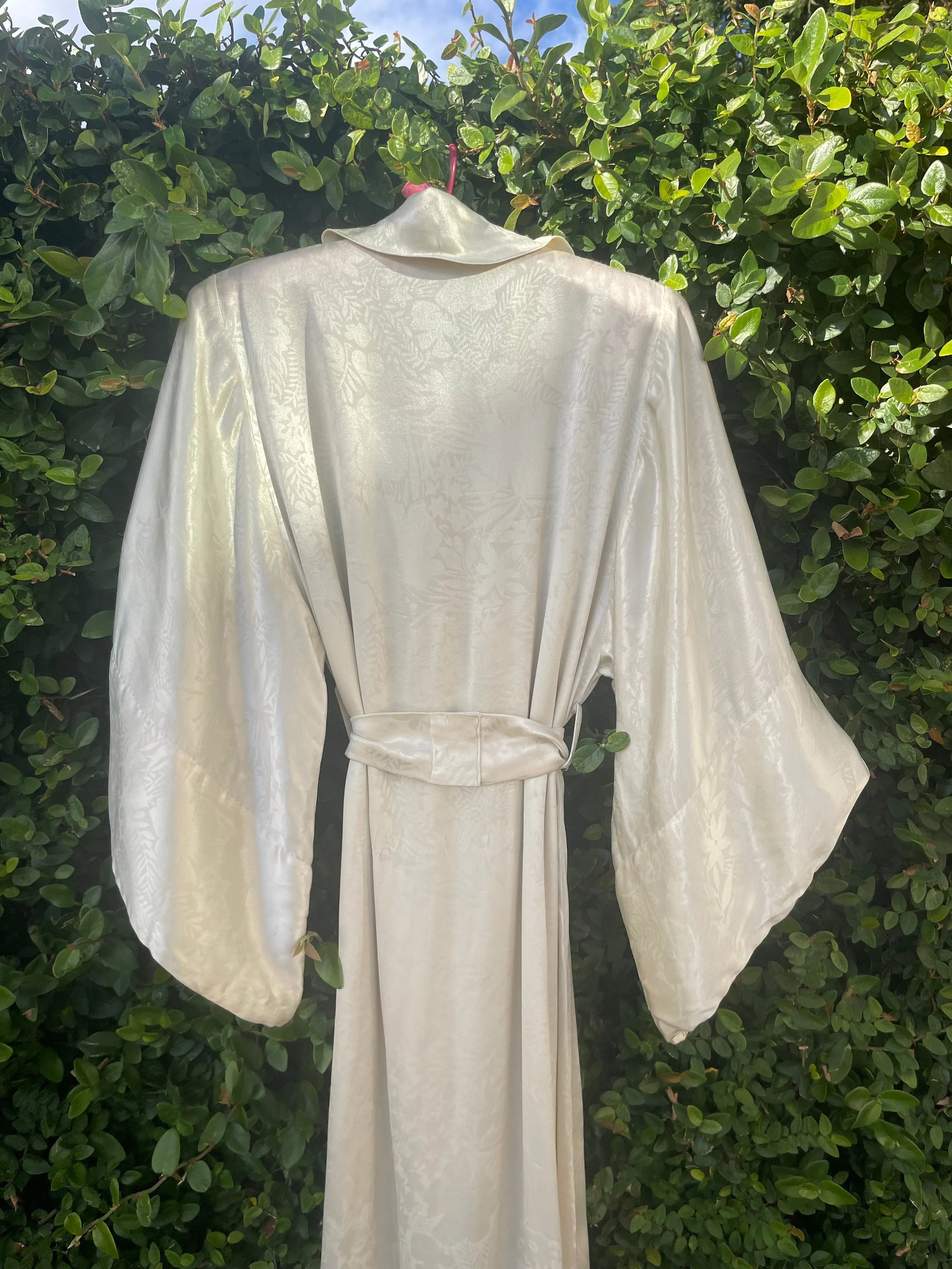 1930s Bell Sleeve Floral Ivory Charmeuse Collared Hostess Gown